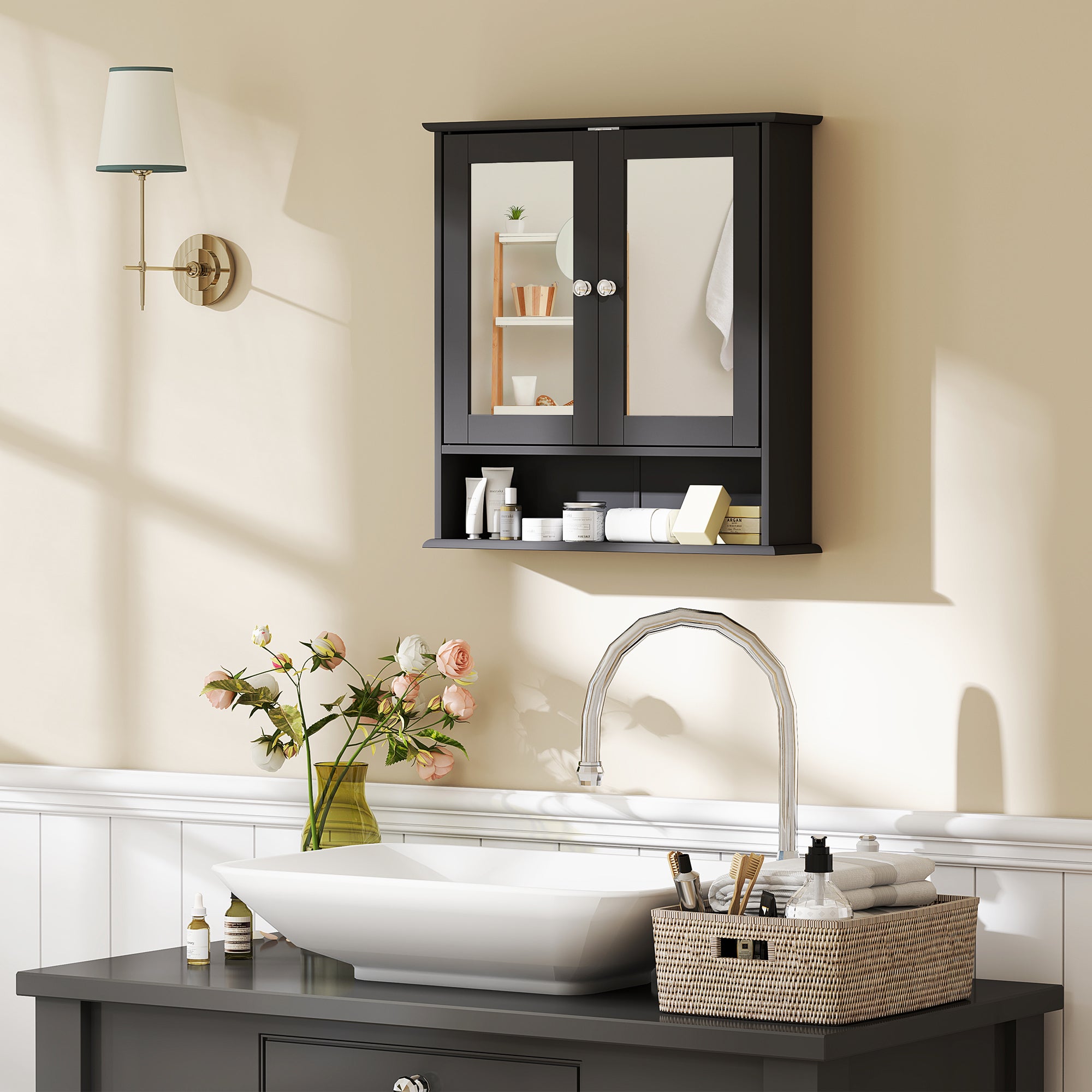 kleankin Medicine Cabinet, Wall-Mounted Bathroom Mirror Cabinet with Double Doors, Open Shelf, and Adjustable Shelf, Modern Bathroom Wall Cabinet, Black