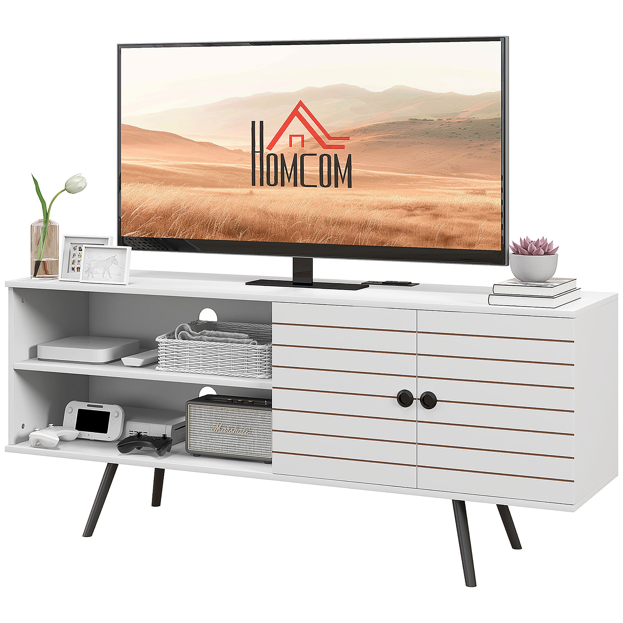 HOMCOM TV Stand with Power Outlets and USB Ports, TV Cabinet for 65 Inch TVs, Entertainment Unit with Open Shelves, Soft-close Door and Cable Holes for Living Room, White