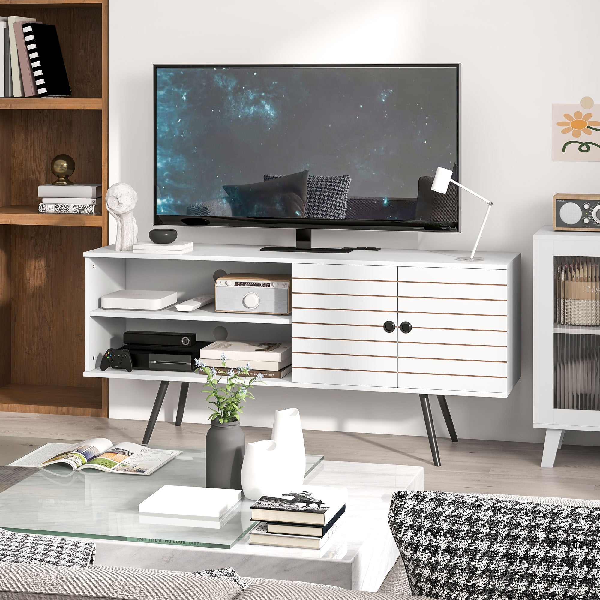 HOMCOM TV Stand with Power Outlets and USB Ports, TV Cabinet for 65 Inch TVs, Entertainment Unit with Open Shelves, Soft-close Door and Cable Holes for Living Room, White
