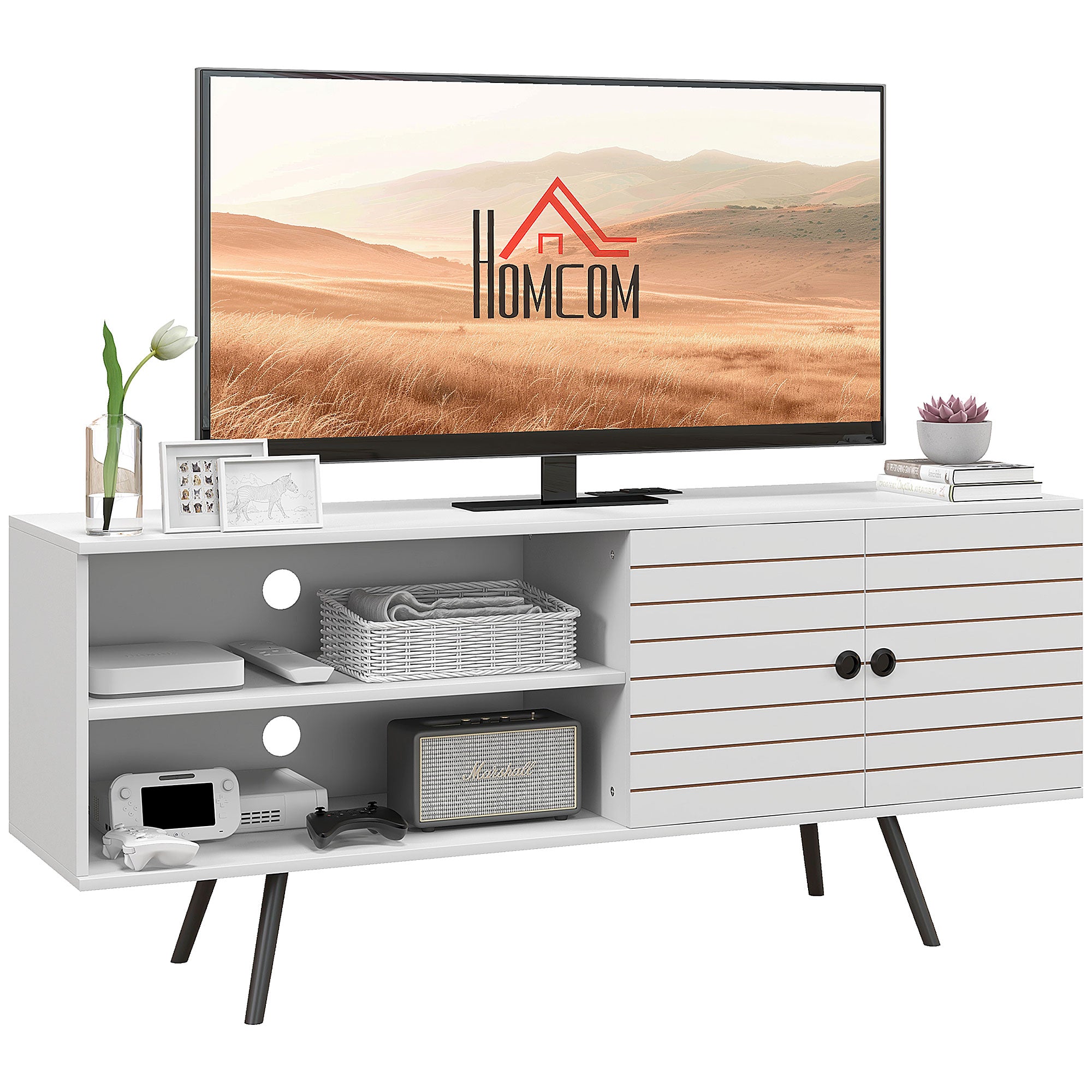 HOMCOM TV Stand with Power Outlets and USB Ports, TV Cabinet for 65 Inch TVs, Entertainment Unit with Open Shelves, Soft-close Door and Cable Holes for Living Room, White