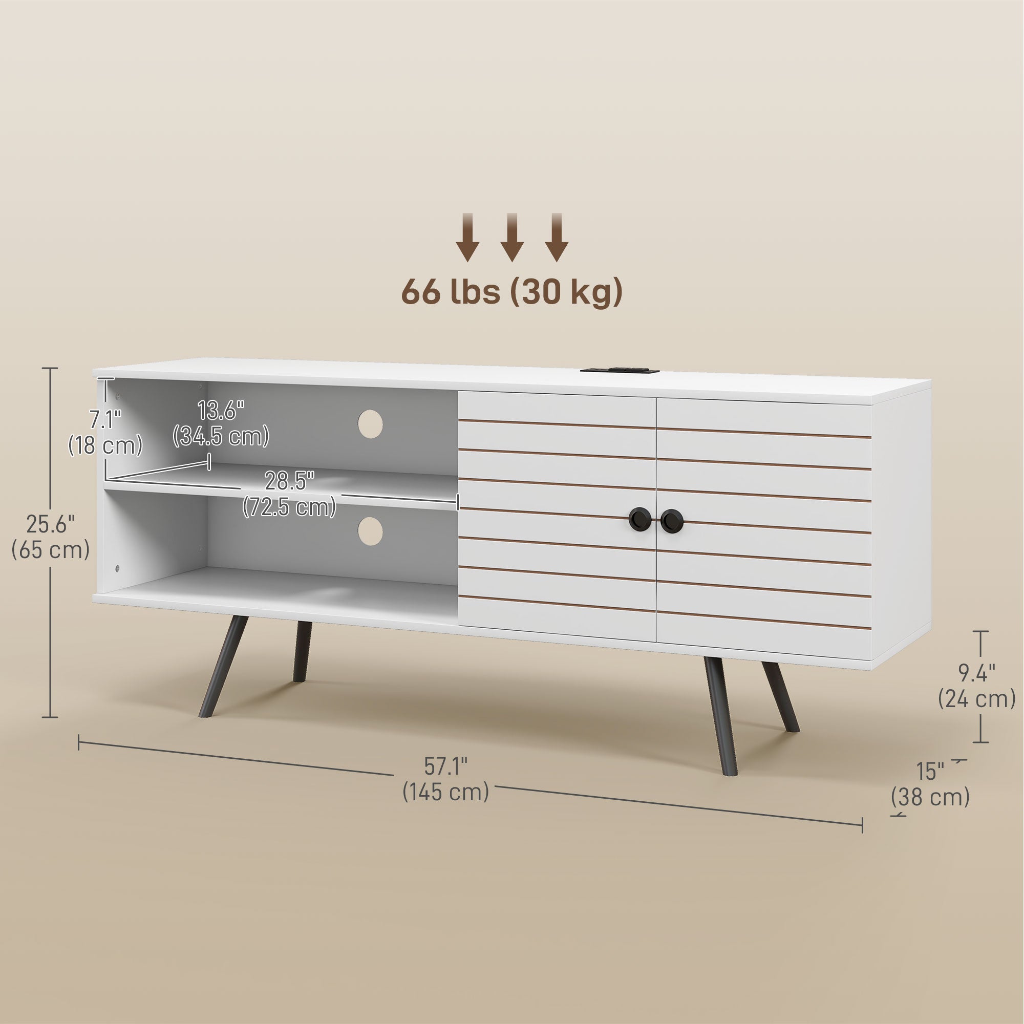 HOMCOM TV Stand with Power Outlets and USB Ports, TV Cabinet for 65 Inch TVs, Entertainment Unit with Open Shelves, Soft-close Door and Cable Holes for Living Room, White