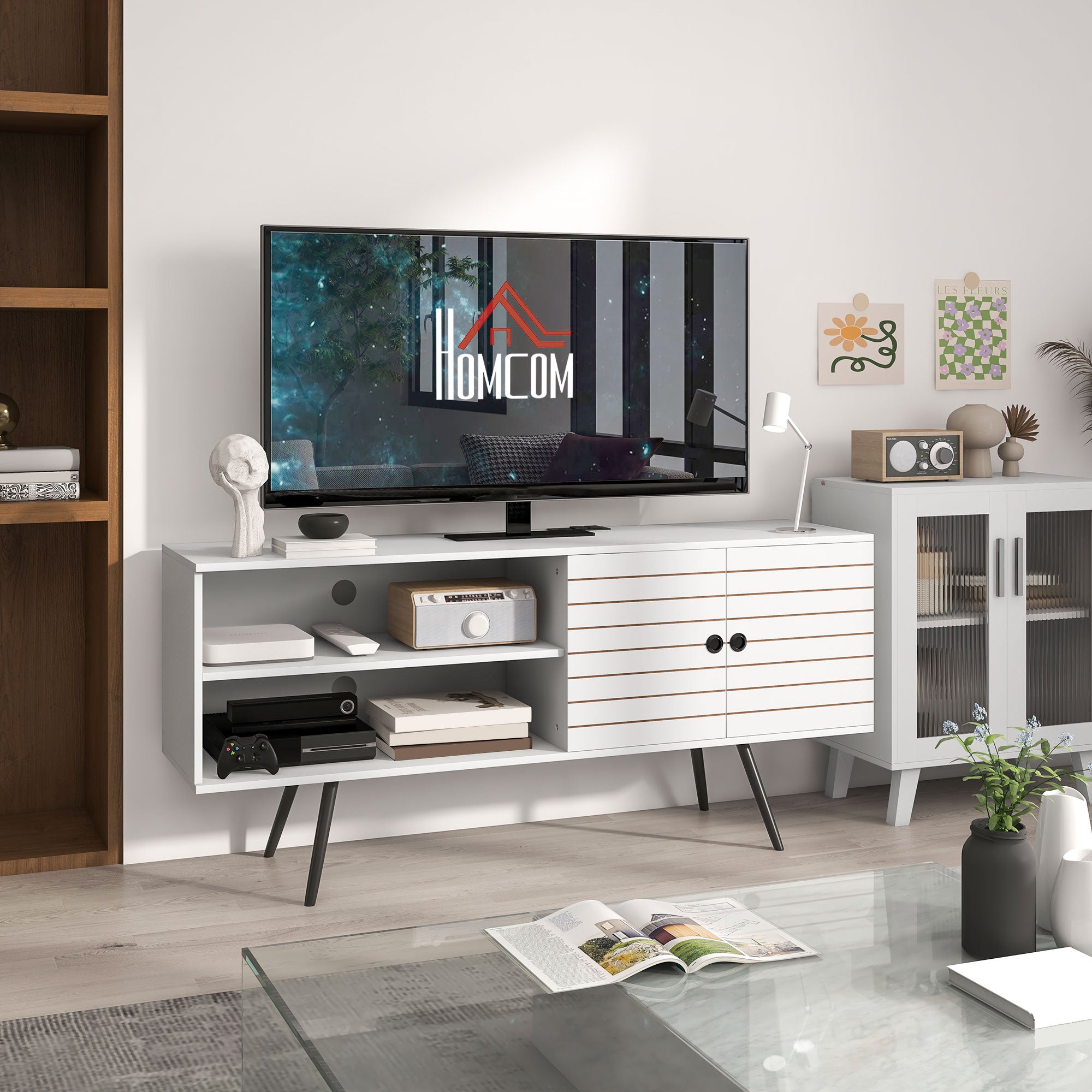 HOMCOM TV Stand with Power Outlets and USB Ports, TV Cabinet for 65 Inch TVs, Entertainment Unit with Open Shelves, Soft-close Door and Cable Holes for Living Room, White