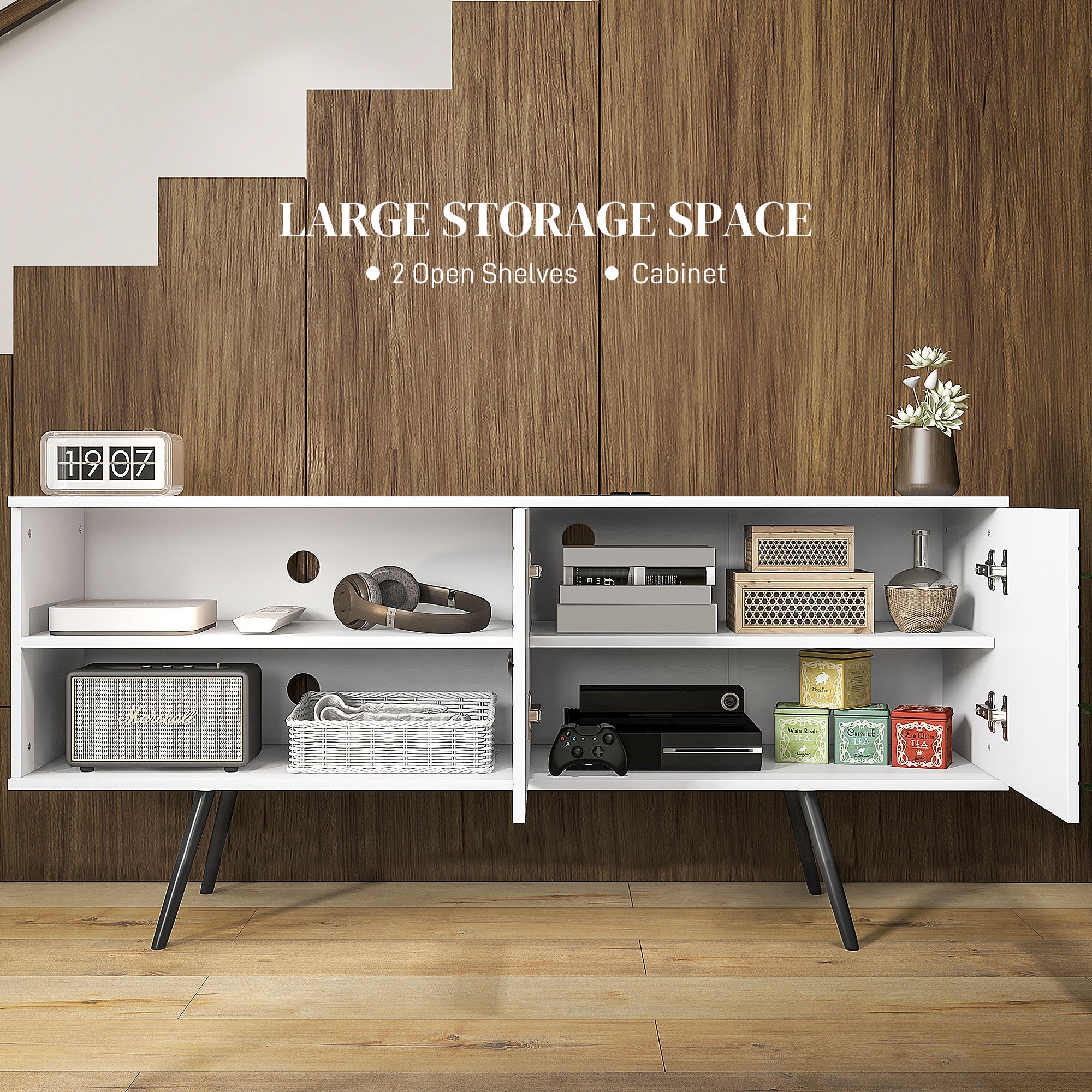 HOMCOM TV Stand with Power Outlets and USB Ports, TV Cabinet for 65 Inch TVs, Entertainment Unit with Open Shelves, Soft-close Door and Cable Holes for Living Room, White