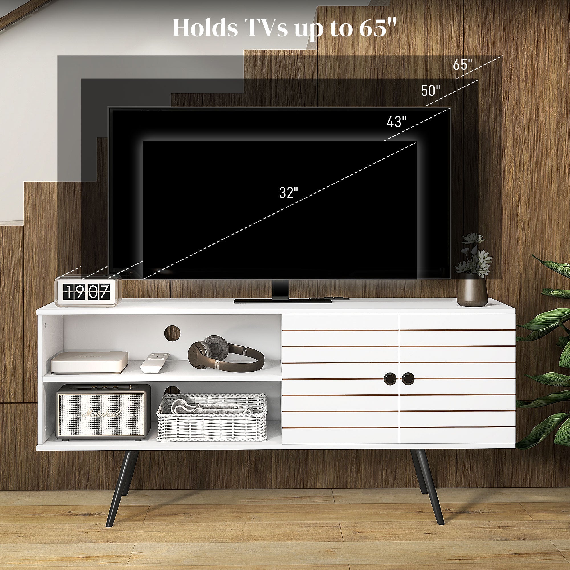HOMCOM TV Stand with Power Outlets and USB Ports, TV Cabinet for 65 Inch TVs, Entertainment Unit with Open Shelves, Soft-close Door and Cable Holes for Living Room, White