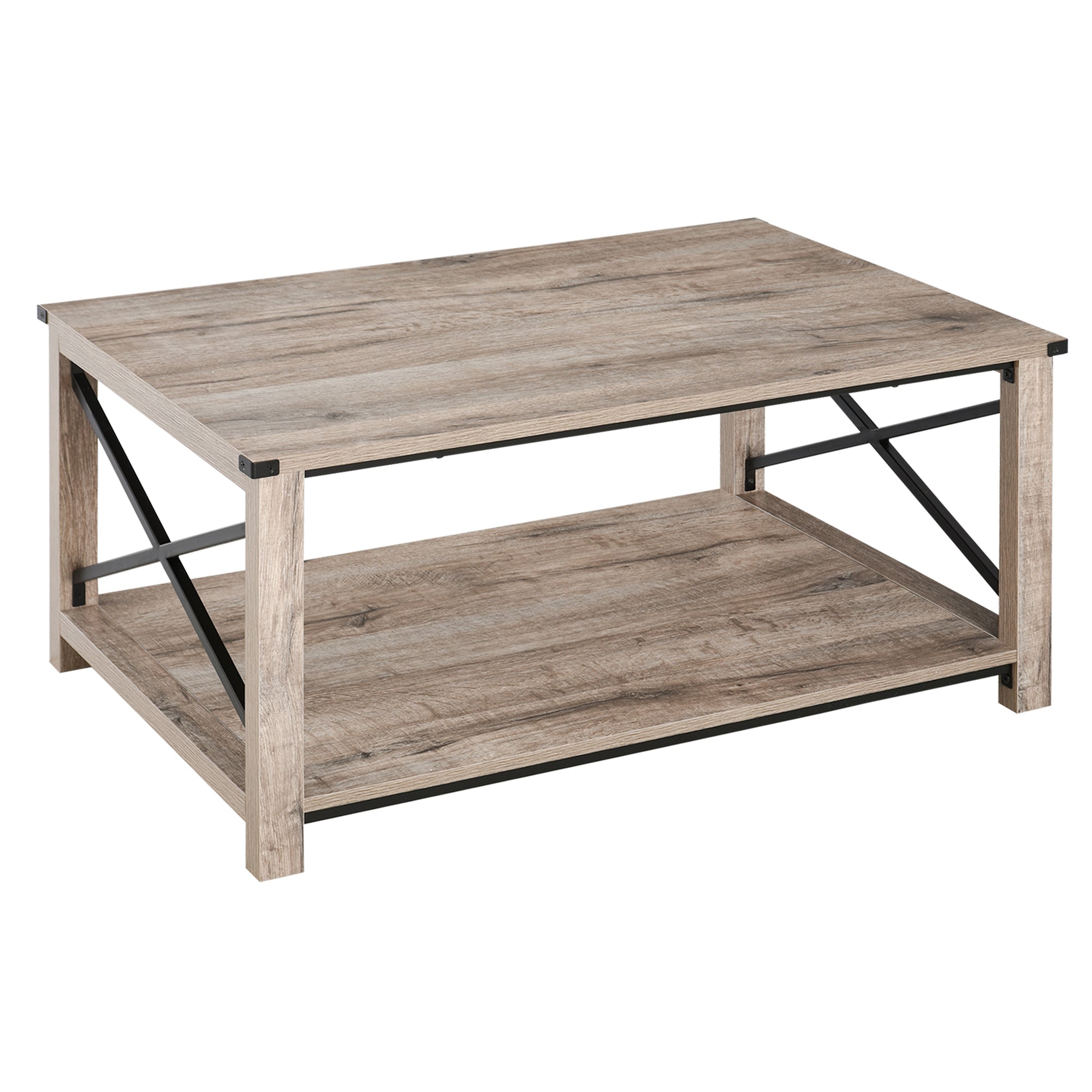HOMCOM Farmhouse Coffee Table, Center Table with Slatted Bottom Storage Shelf and X Bar Frame for Living Room, 40.2" x 22" x 18", Oak