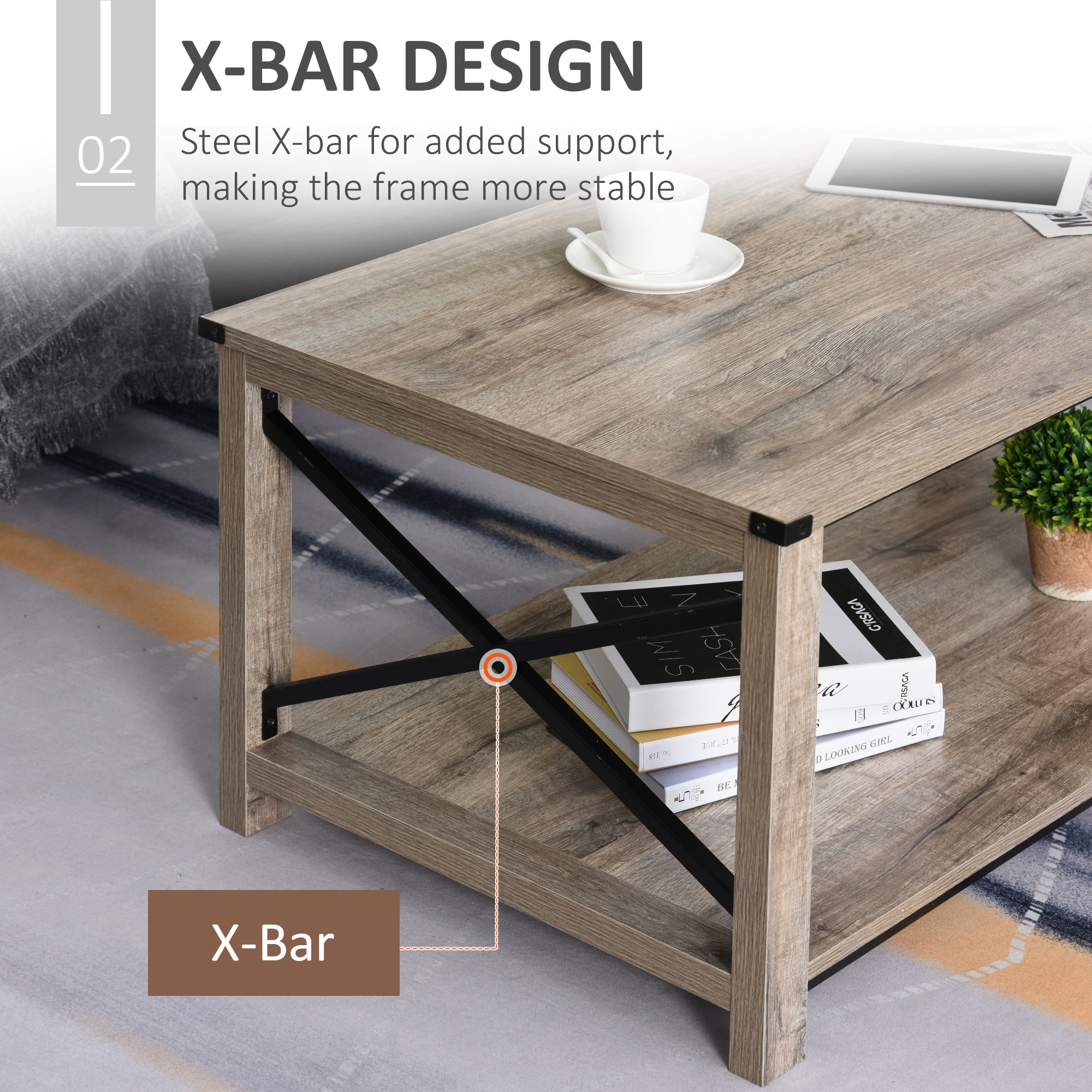 HOMCOM Farmhouse Coffee Table, Center Table with Slatted Bottom Storage Shelf and X Bar Frame for Living Room, 40.2