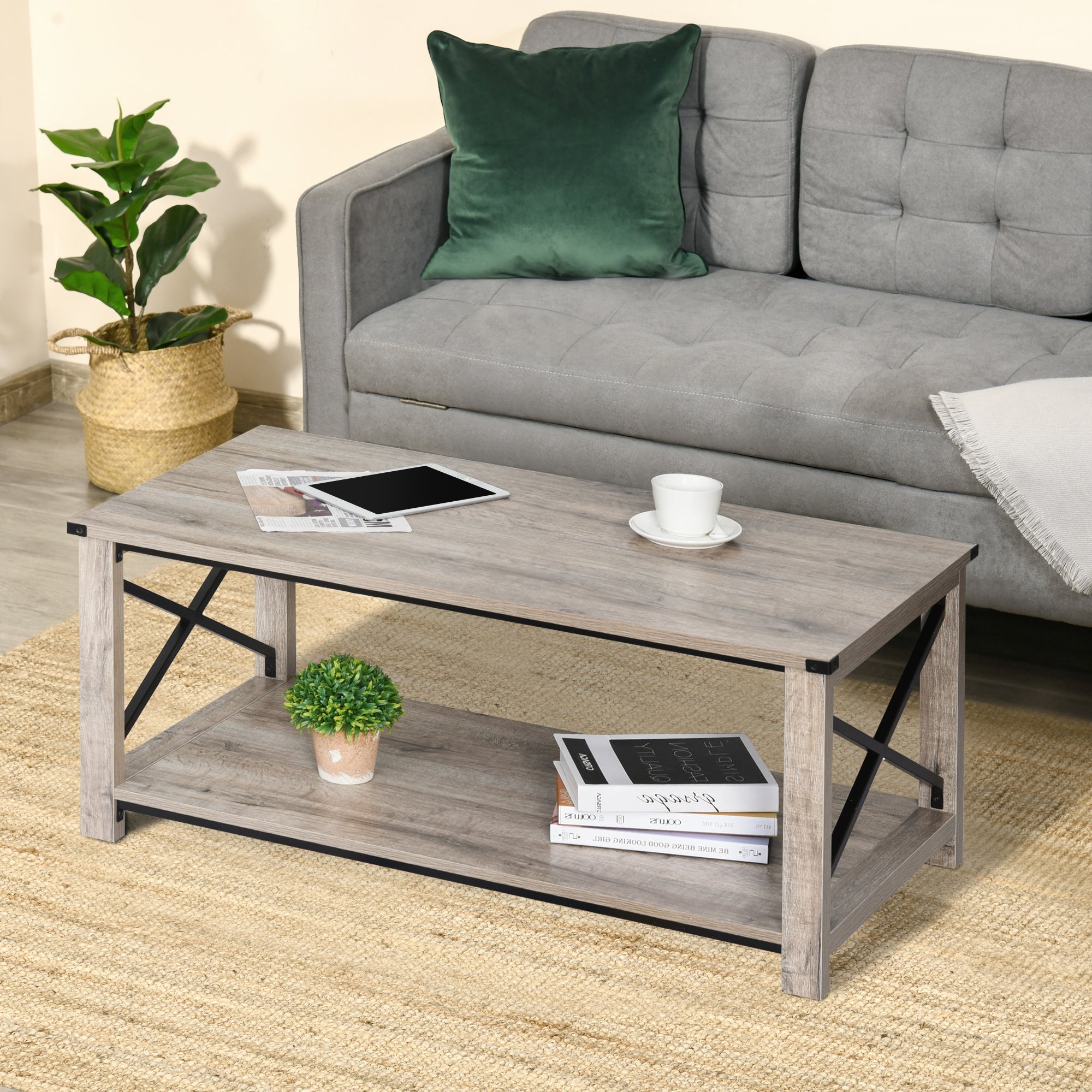 HOMCOM Farmhouse Coffee Table, Center Table with Slatted Bottom Storage Shelf and X Bar Frame for Living Room, 40.2" x 22" x 18", Oak
