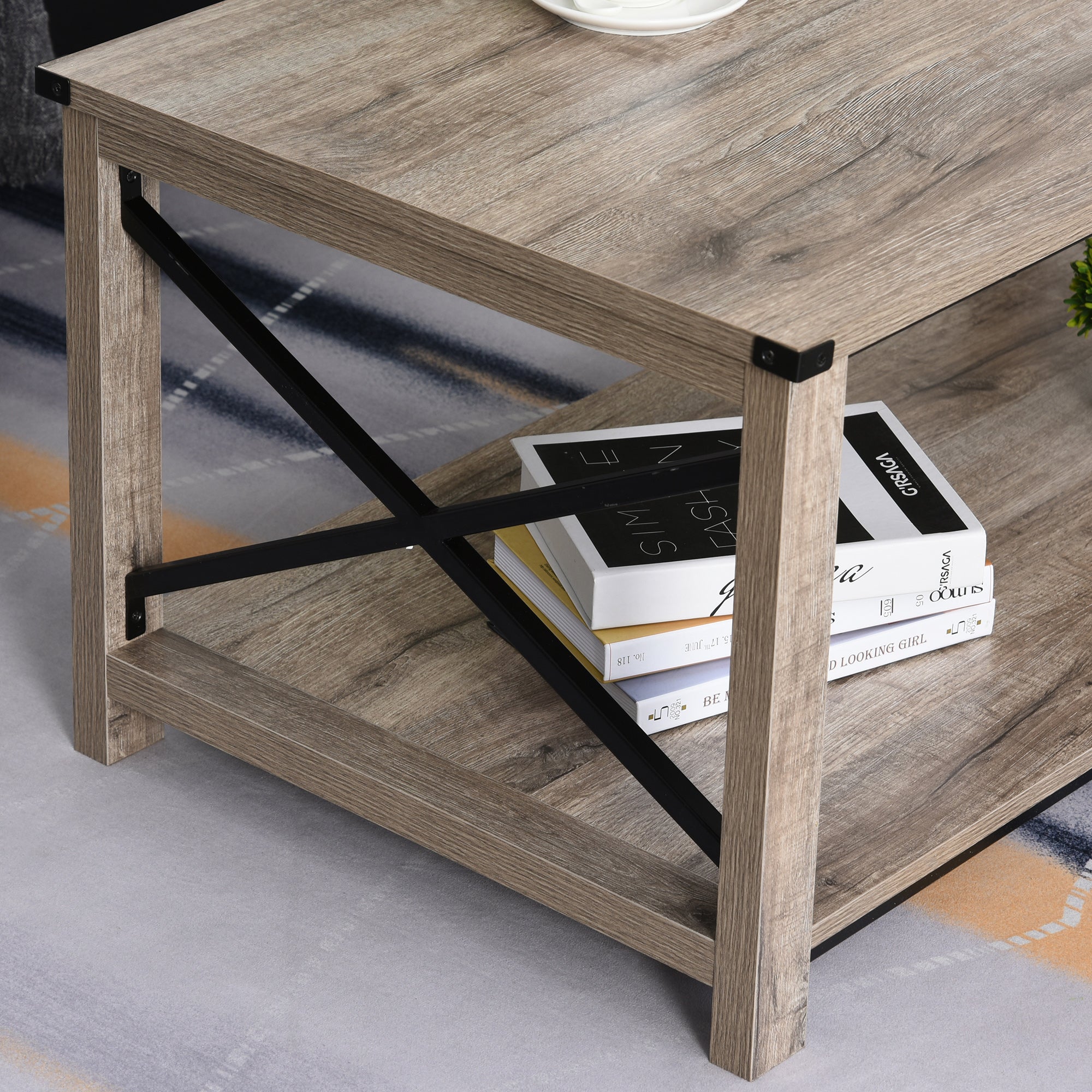 HOMCOM Farmhouse Coffee Table, Center Table with Slatted Bottom Storage Shelf and X Bar Frame for Living Room, 40.2