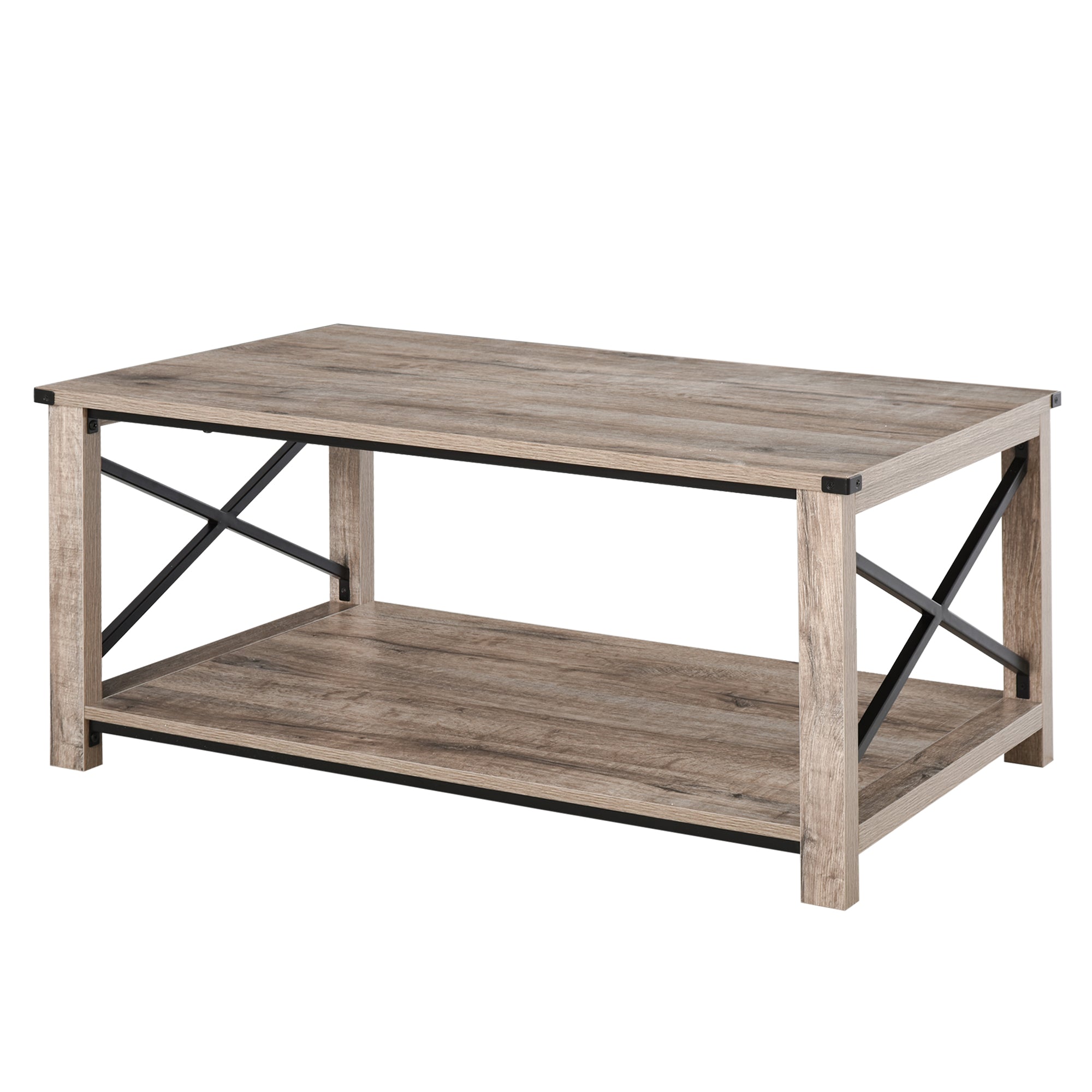 HOMCOM Farmhouse Coffee Table, Center Table with Slatted Bottom Storage Shelf and X Bar Frame for Living Room, 40.2" x 22" x 18", Oak
