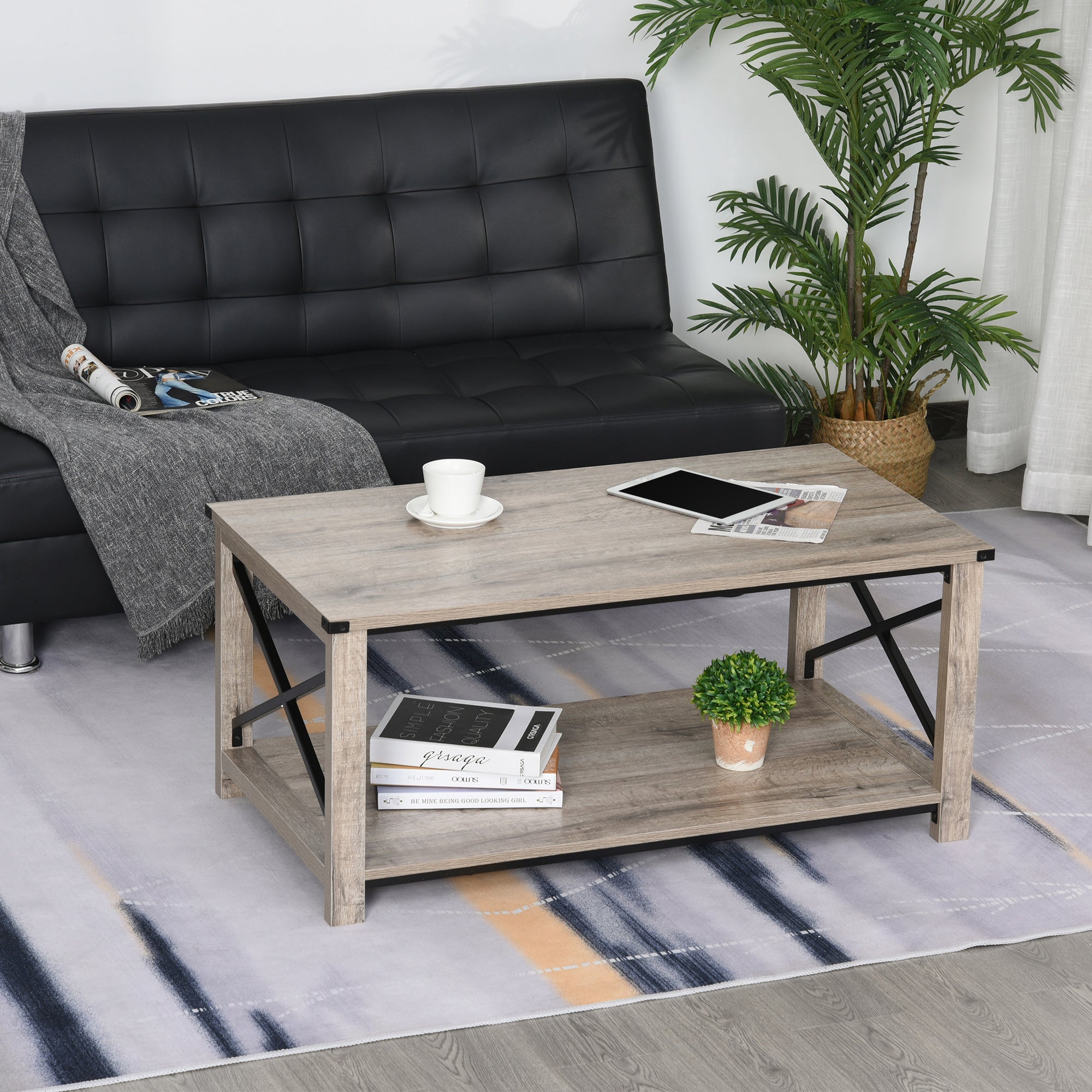 HOMCOM Farmhouse Coffee Table, Center Table with Slatted Bottom Storage Shelf and X Bar Frame for Living Room, 40.2