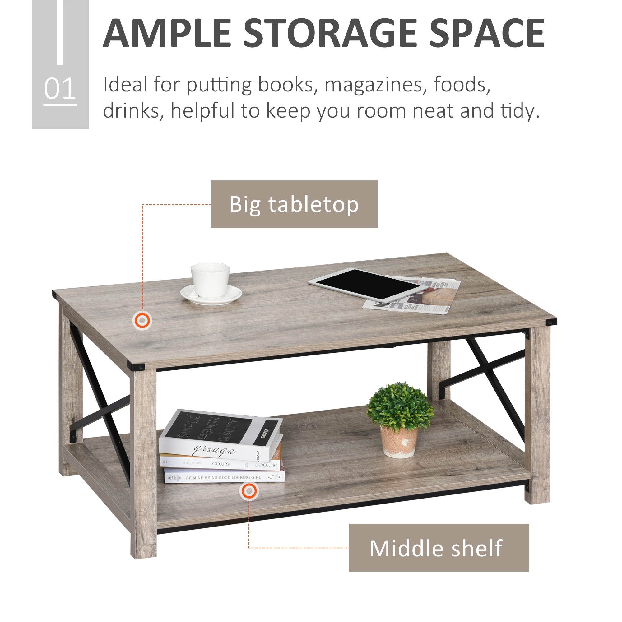 HOMCOM Farmhouse Coffee Table, Center Table with Slatted Bottom Storage Shelf and X Bar Frame for Living Room, 40.2