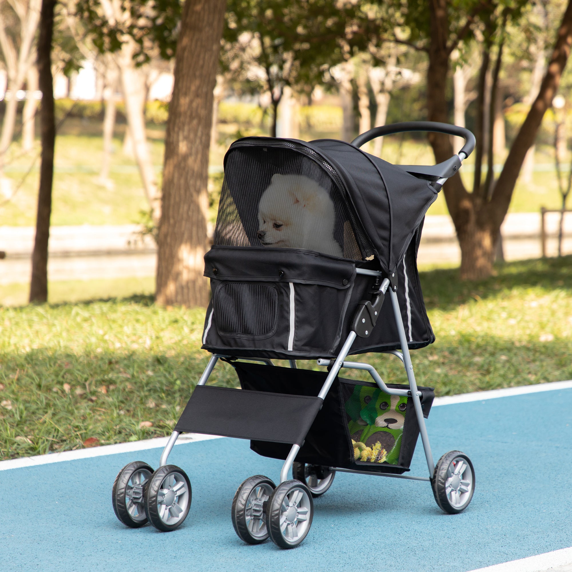 PawHut Pet Stroller for Small Miniature Dogs Cats Foldable Travel Carriage with Wheels Zipper Entry Cup Holder Storage Basket Black