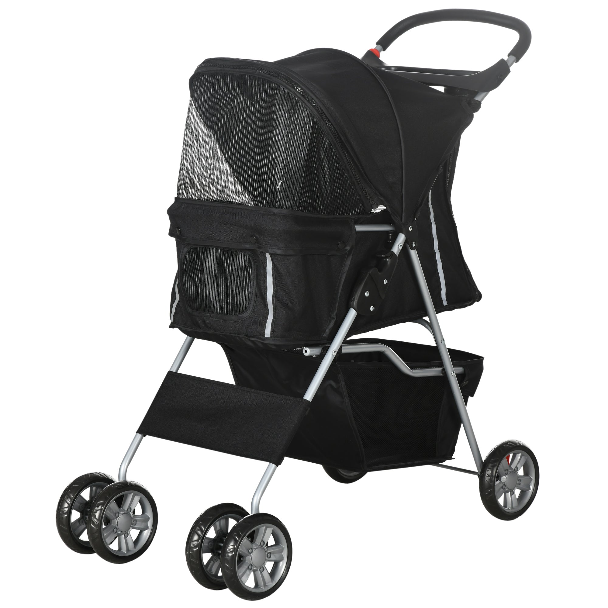 PawHut Pet Stroller for Small Miniature Dogs Cats Foldable Travel Carriage with Wheels Zipper Entry Cup Holder Storage Basket Black