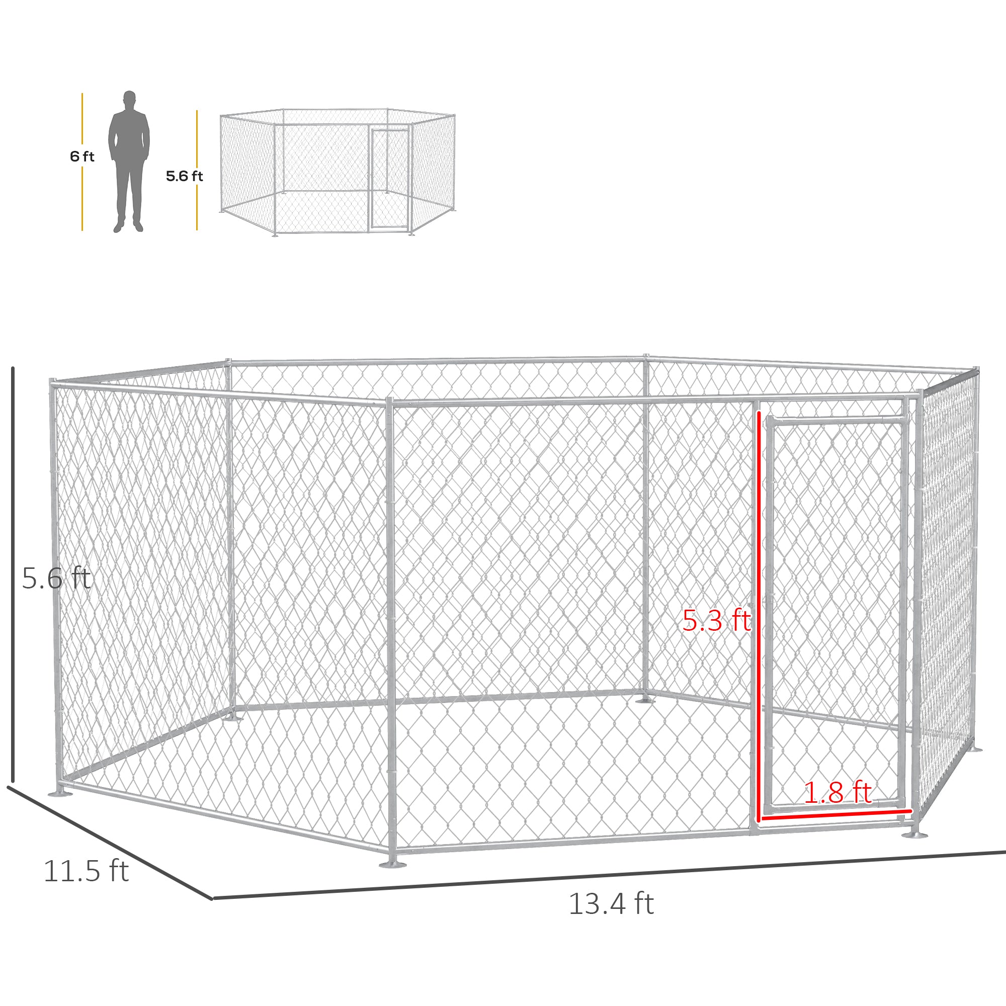 PawHut 13.4' x 11.5' x 5.6' Dog Kennel Outside, Heavy Duty Chain Link Dog Run Playpen Fence with Lockable Door, for Medium and Large-Sized Puppy, Silver