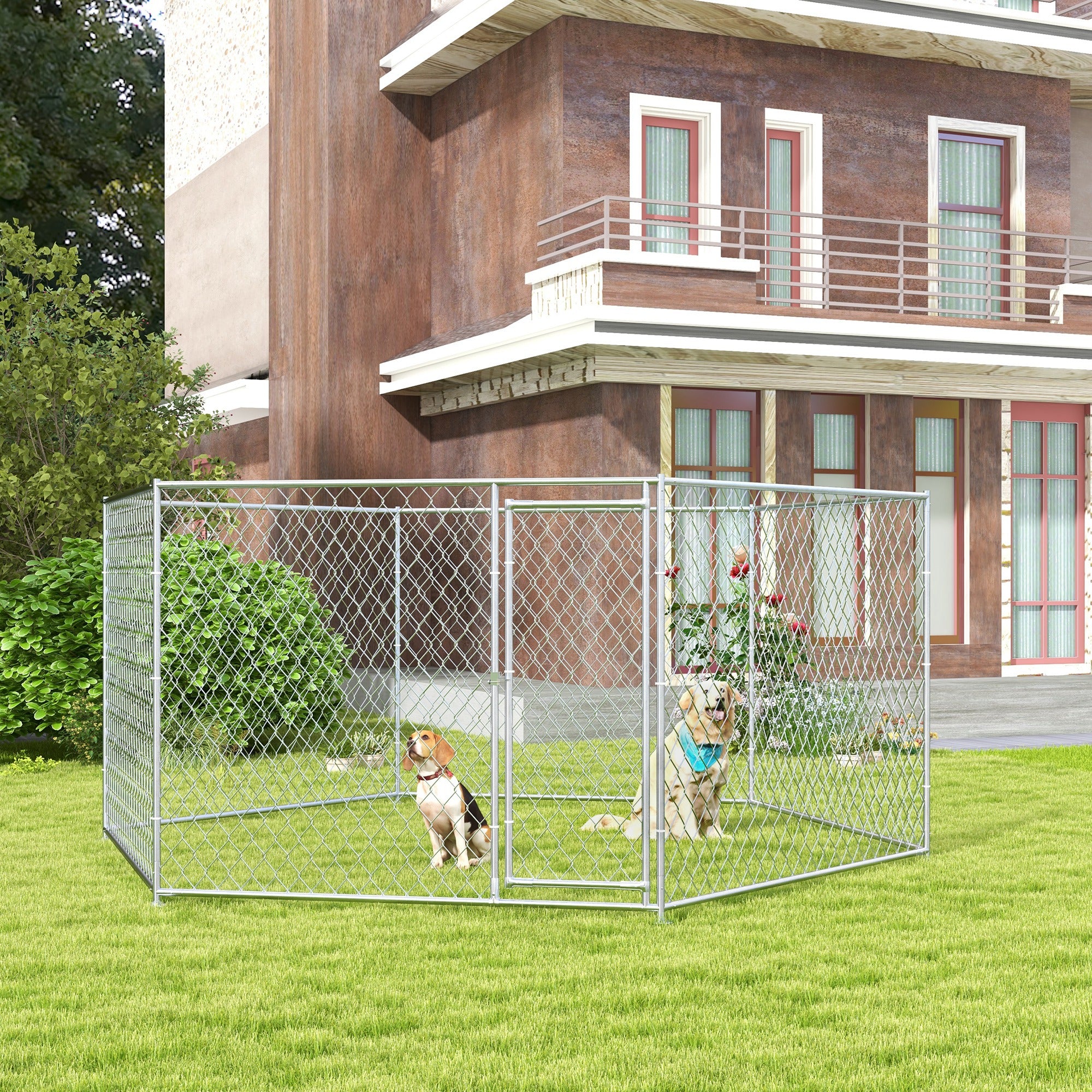 PawHut 13.4' x 11.5' x 5.6' Dog Kennel Outside, Heavy Duty Chain Link Dog Run Playpen Fence with Lockable Door, for Medium and Large-Sized Puppy, Silver