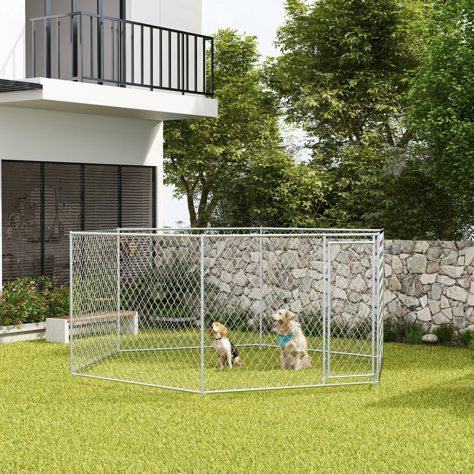 PawHut 13.4' x 11.5' x 5.6' Dog Kennel Outside, Heavy Duty Chain Link Dog Run Playpen Fence with Lockable Door, for Medium and Large-Sized Puppy, Silver