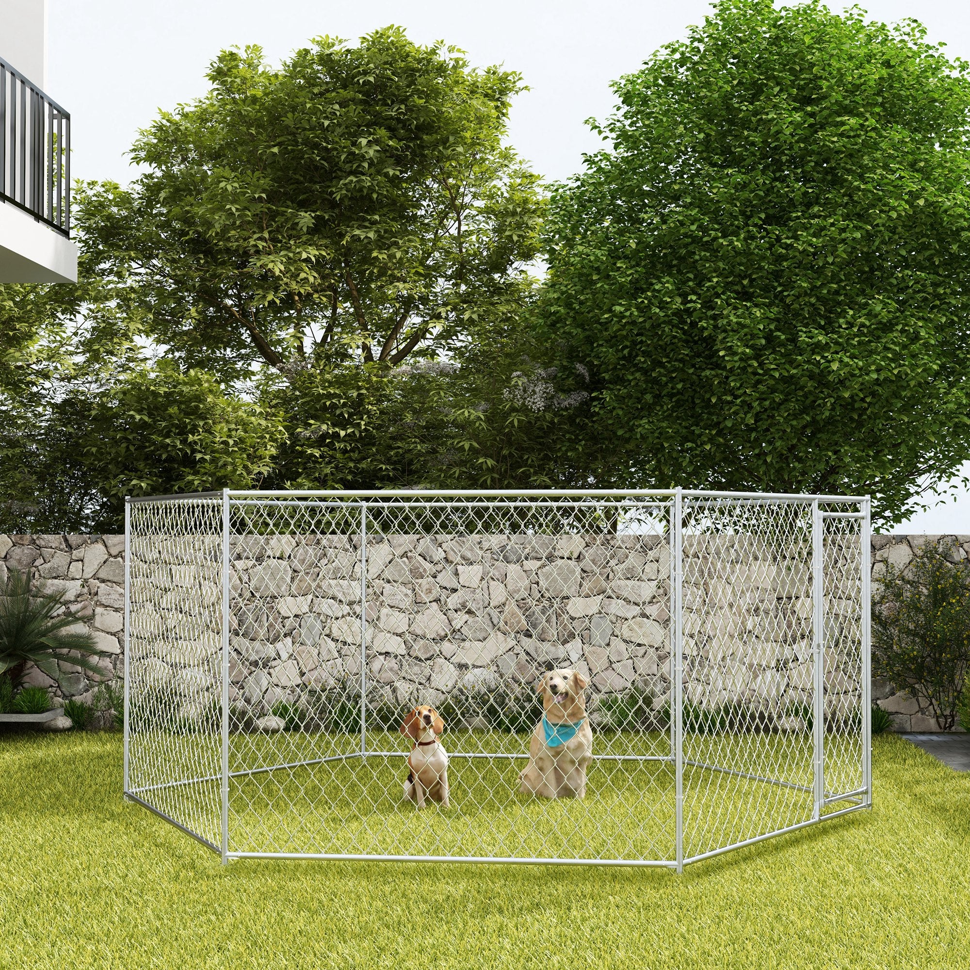 PawHut 13.4' x 11.5' x 5.6' Dog Kennel Outside, Heavy Duty Chain Link Dog Run Playpen Fence with Lockable Door, for Medium and Large-Sized Puppy, Silver
