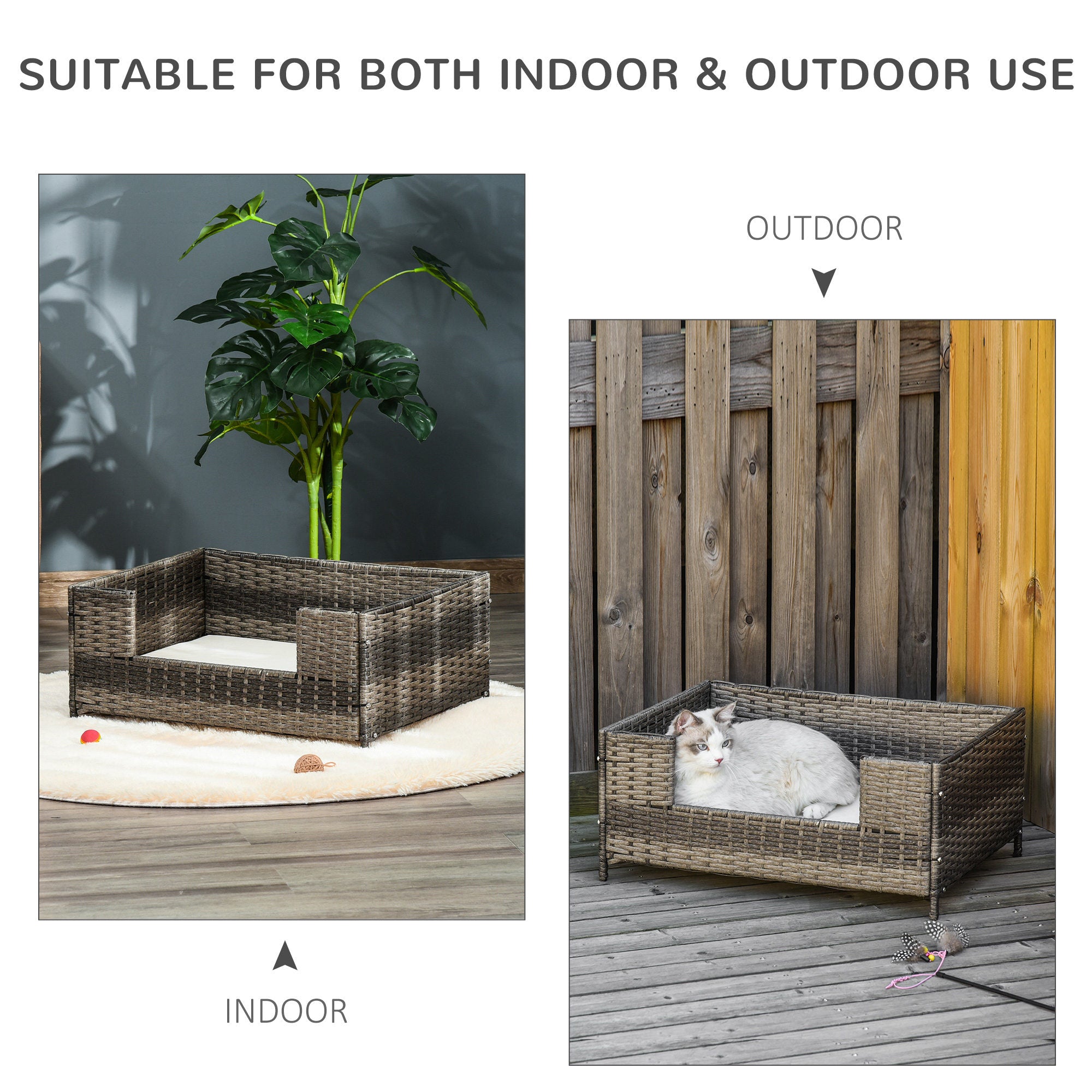 PawHut Rattan Pet Bed Raised Wicker Dog Sofa for Doggy and Cat Indoor & Outdoor with Soft Washable Cushion Grey