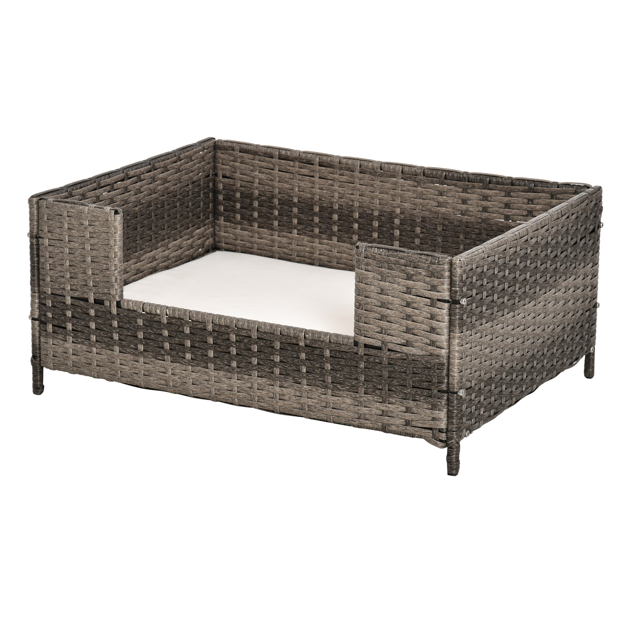 PawHut Rattan Pet Bed Raised Wicker Dog Sofa for Doggy and Cat Indoor & Outdoor with Soft Washable Cushion Grey