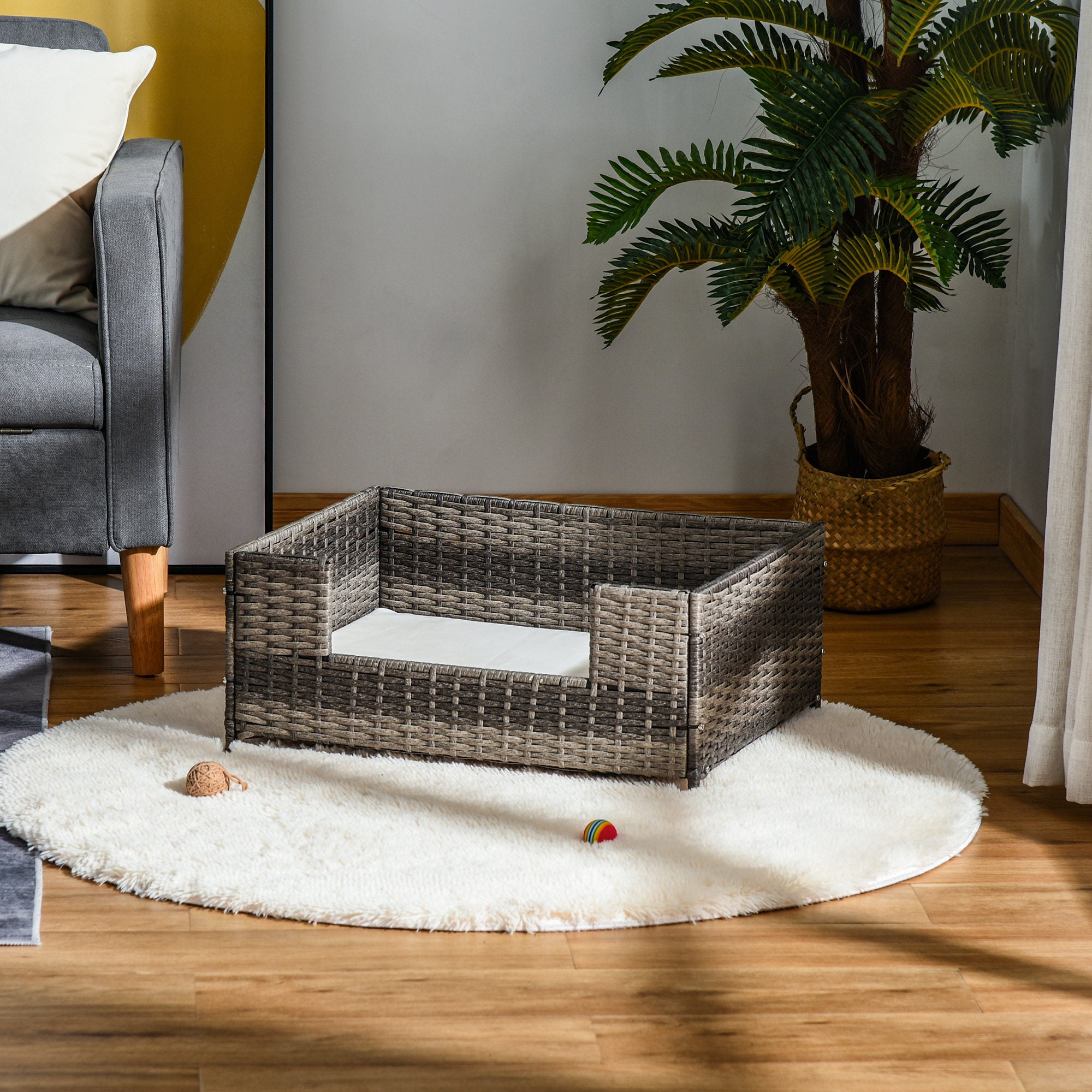 PawHut Rattan Pet Bed Raised Wicker Dog Sofa for Doggy and Cat Indoor & Outdoor with Soft Washable Cushion Grey