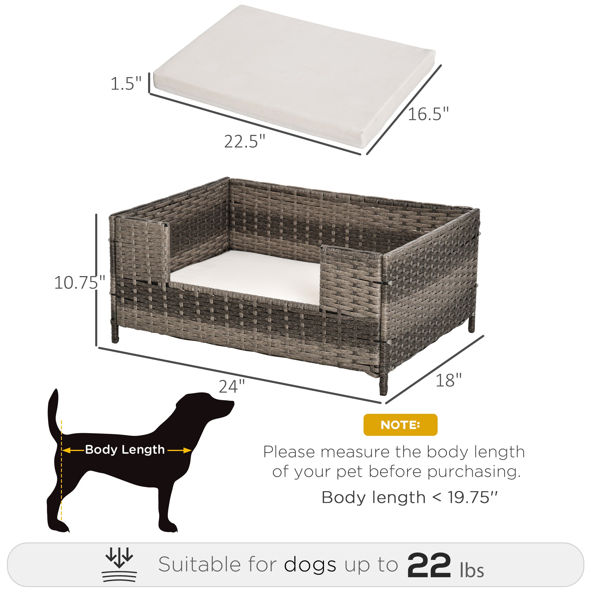 PawHut Rattan Pet Bed Raised Wicker Dog Sofa for Doggy and Cat Indoor & Outdoor with Soft Washable Cushion Grey