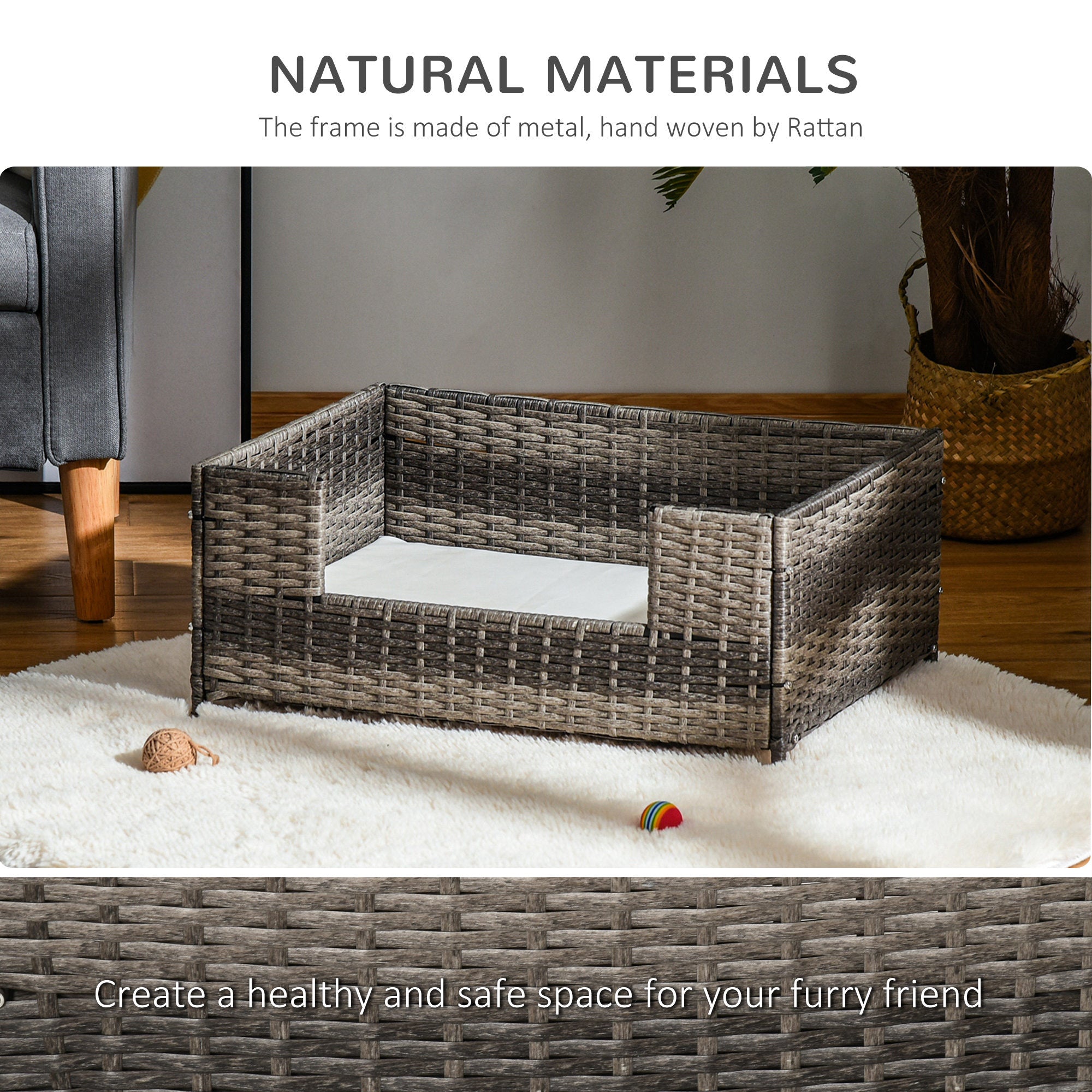 PawHut Rattan Pet Bed Raised Wicker Dog Sofa for Doggy and Cat Indoor & Outdoor with Soft Washable Cushion Grey