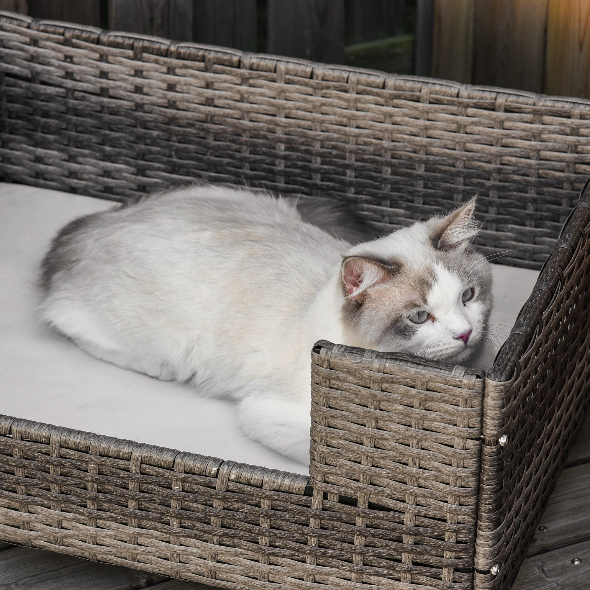 PawHut Rattan Pet Bed Raised Wicker Dog Sofa for Doggy and Cat Indoor & Outdoor with Soft Washable Cushion Grey