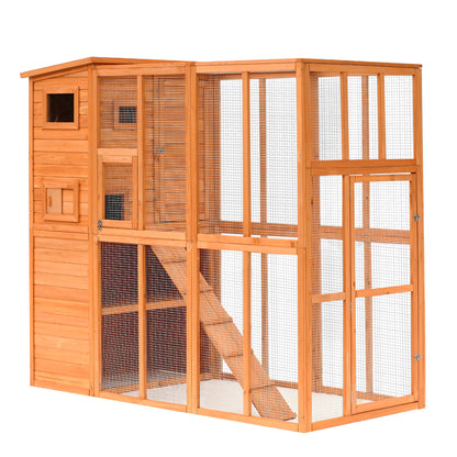 PawHut Large Catio Outdoor Cat Enclosure Weatherproof Cat House with Cat Condo, Indoor Wooden Cat Cage Pet Kennel, 77"L x 38"W x 69"H