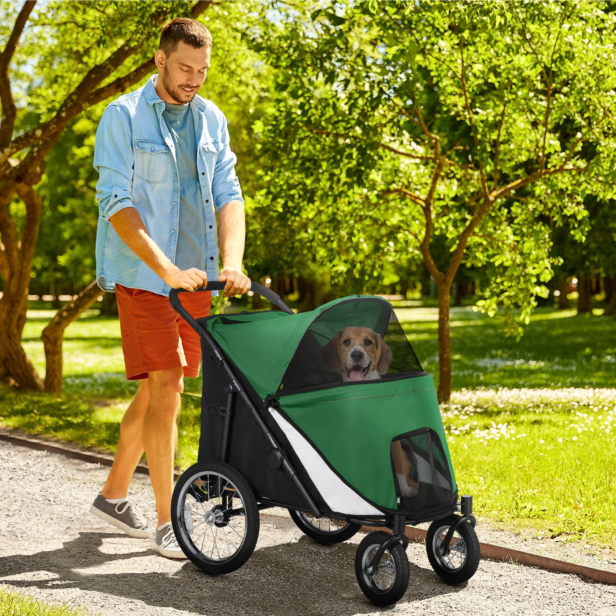 PawHut Large Dog Stroller Dog Pram Foldable Pet Pushchair with Safety Leashes for Medium, Large Dogs - Green