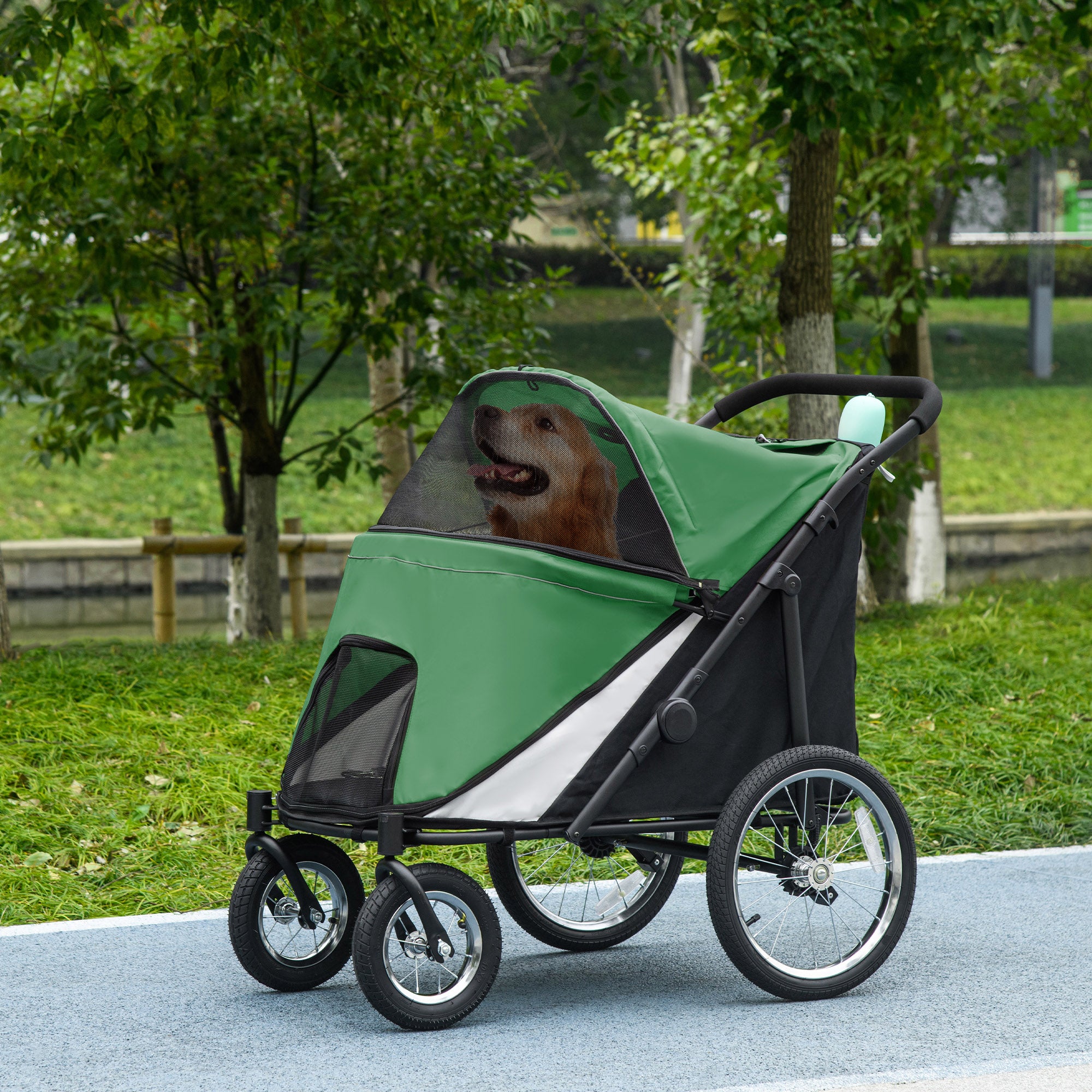 PawHut Large Dog Stroller Dog Pram Foldable Pet Pushchair with Safety Leashes for Medium, Large Dogs - Green