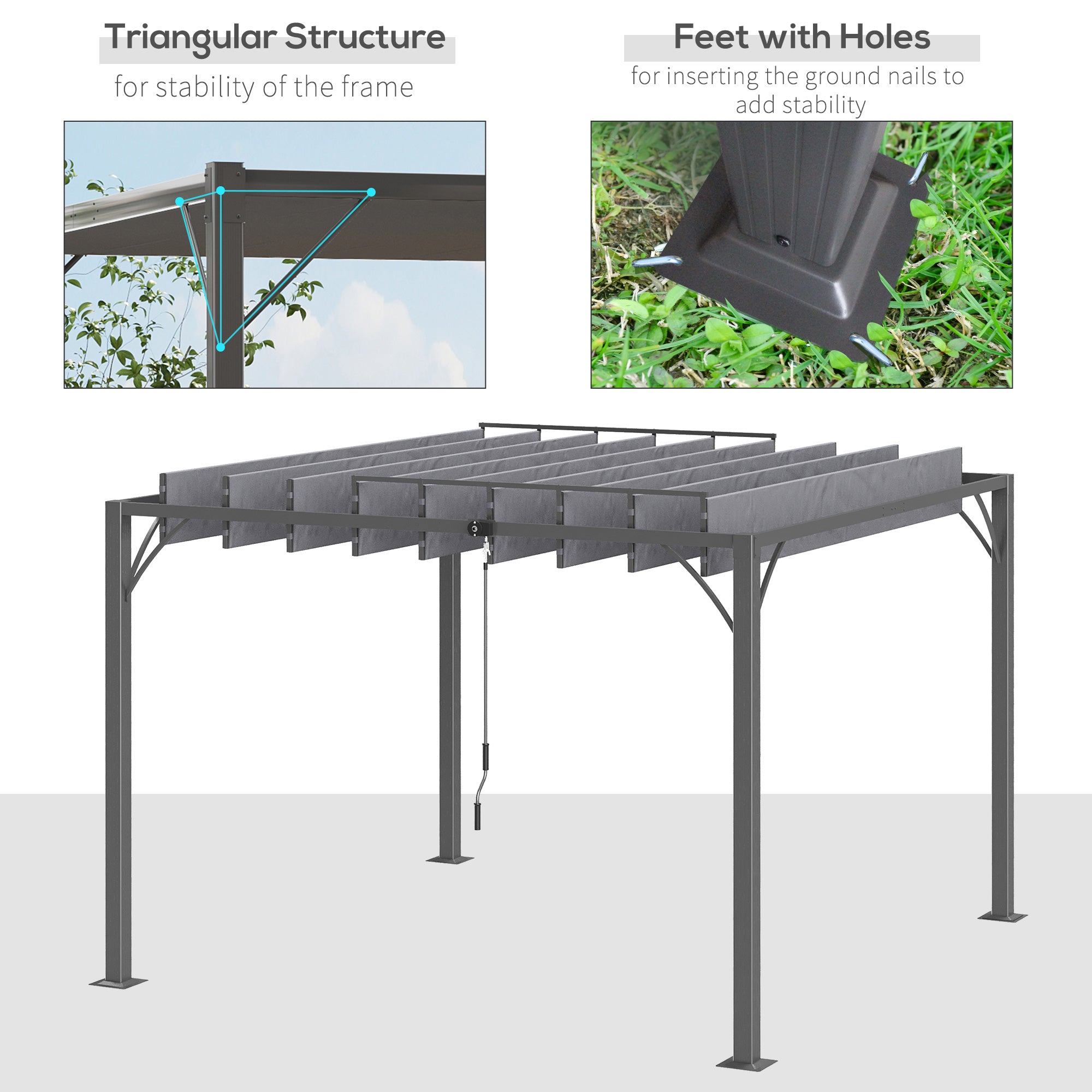 Outsunny 9.5' x 9.7' Outdoor Pergola with Retractable Roof, AluminIum Louvered Pergola Canopy, Patio Shelter with Ground Stakes for Patio, Lawn, Garden, Grey