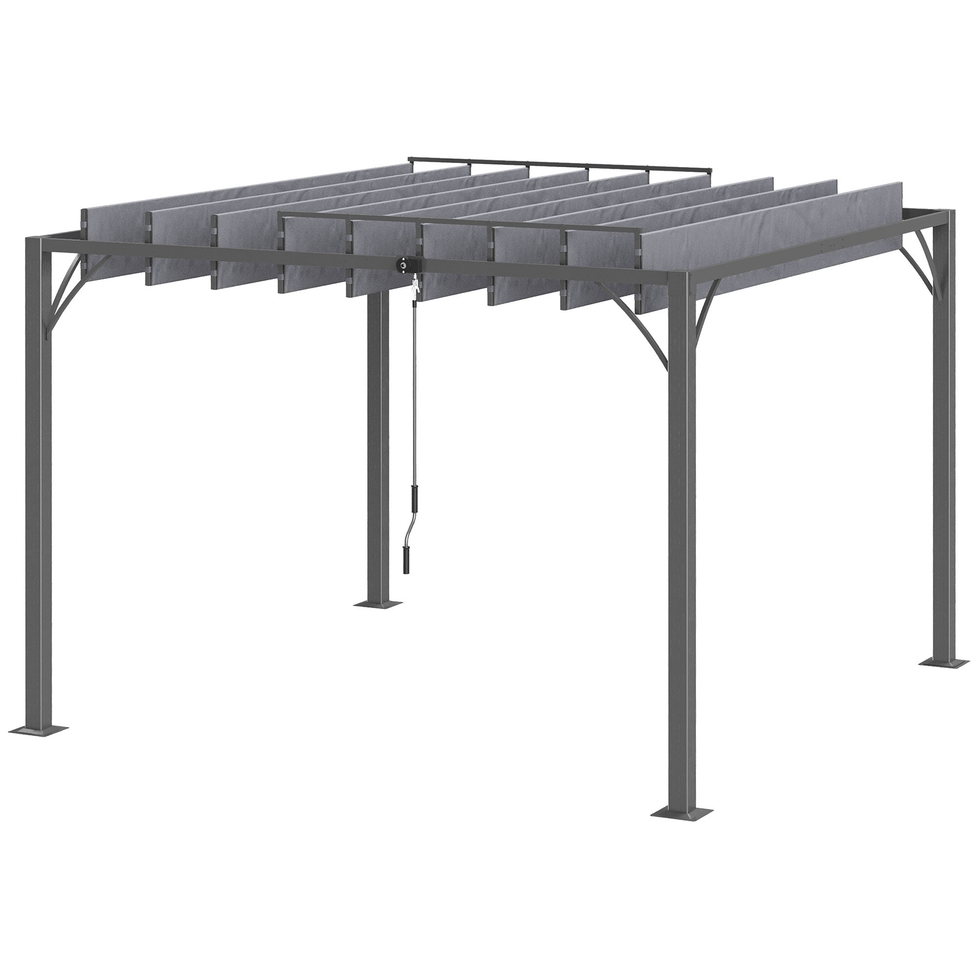 Outsunny 9.5' x 9.7' Outdoor Pergola with Retractable Roof, AluminIum Louvered Pergola Canopy, Patio Shelter with Ground Stakes for Patio, Lawn, Garden, Grey