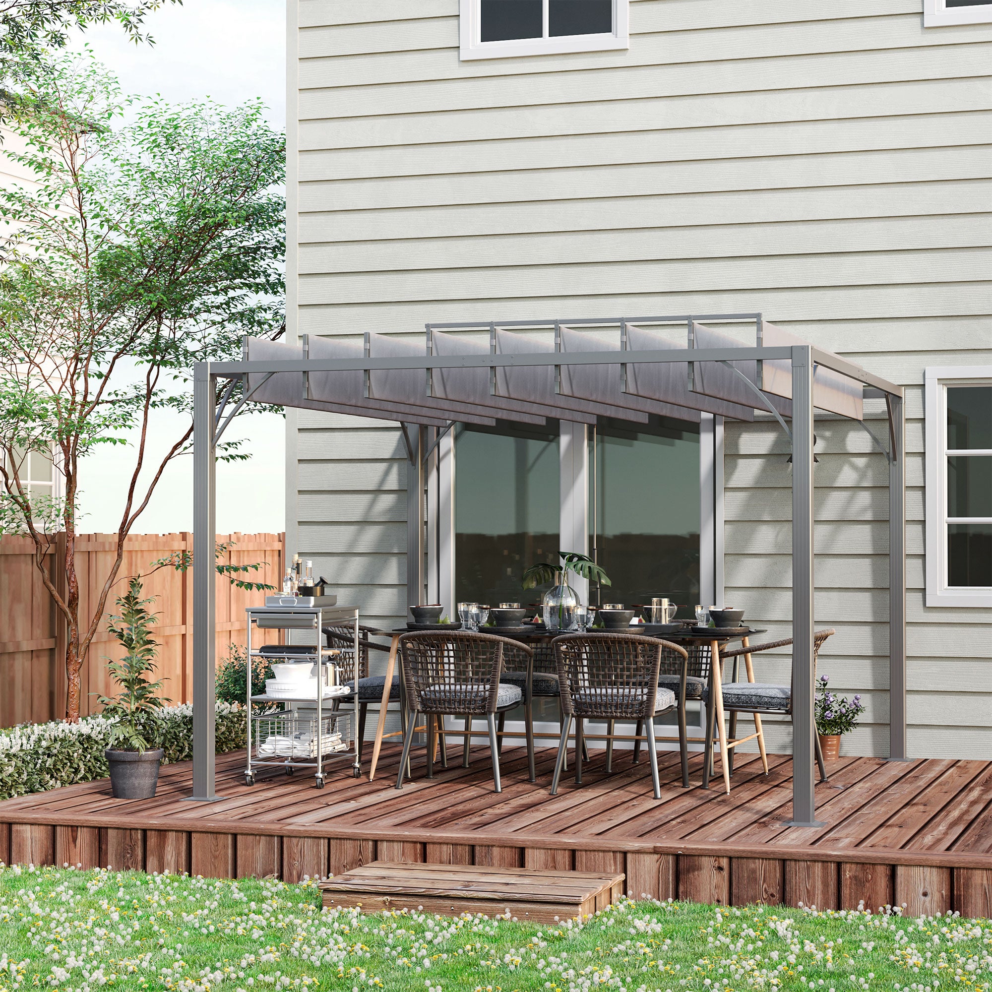 Outsunny 9.5' x 9.7' Outdoor Pergola with Retractable Roof, AluminIum Louvered Pergola Canopy, Patio Shelter with Ground Stakes for Patio, Lawn, Garden, Grey