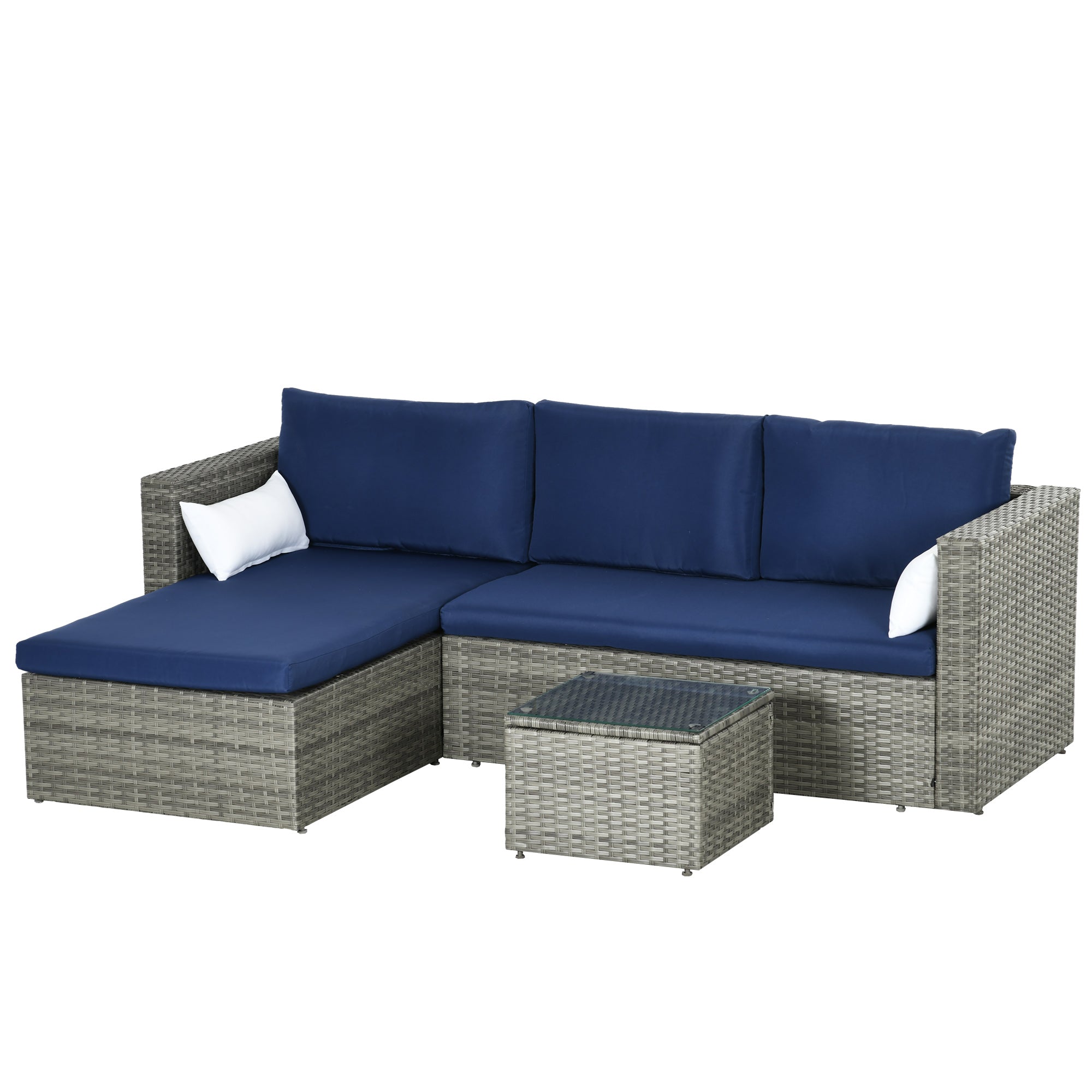 Outsunny 3-Piece Modern Outdoor Patio All-hand Woven Rattan Wicker Furniture Patio Coffee Table Sofa Set - Navy Blue