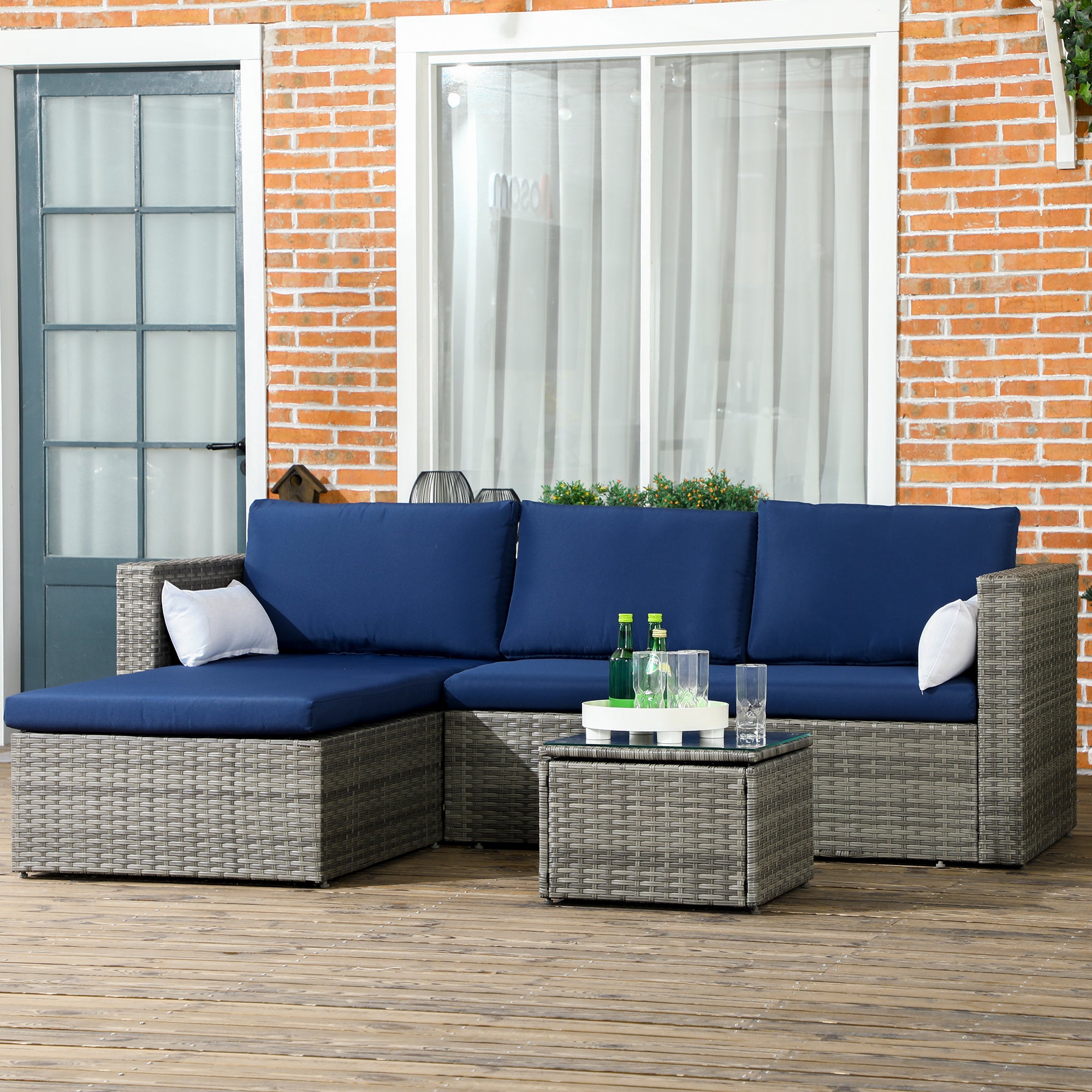Outsunny 3-Piece Modern Outdoor Patio All-hand Woven Rattan Wicker Furniture Patio Coffee Table Sofa Set - Navy Blue