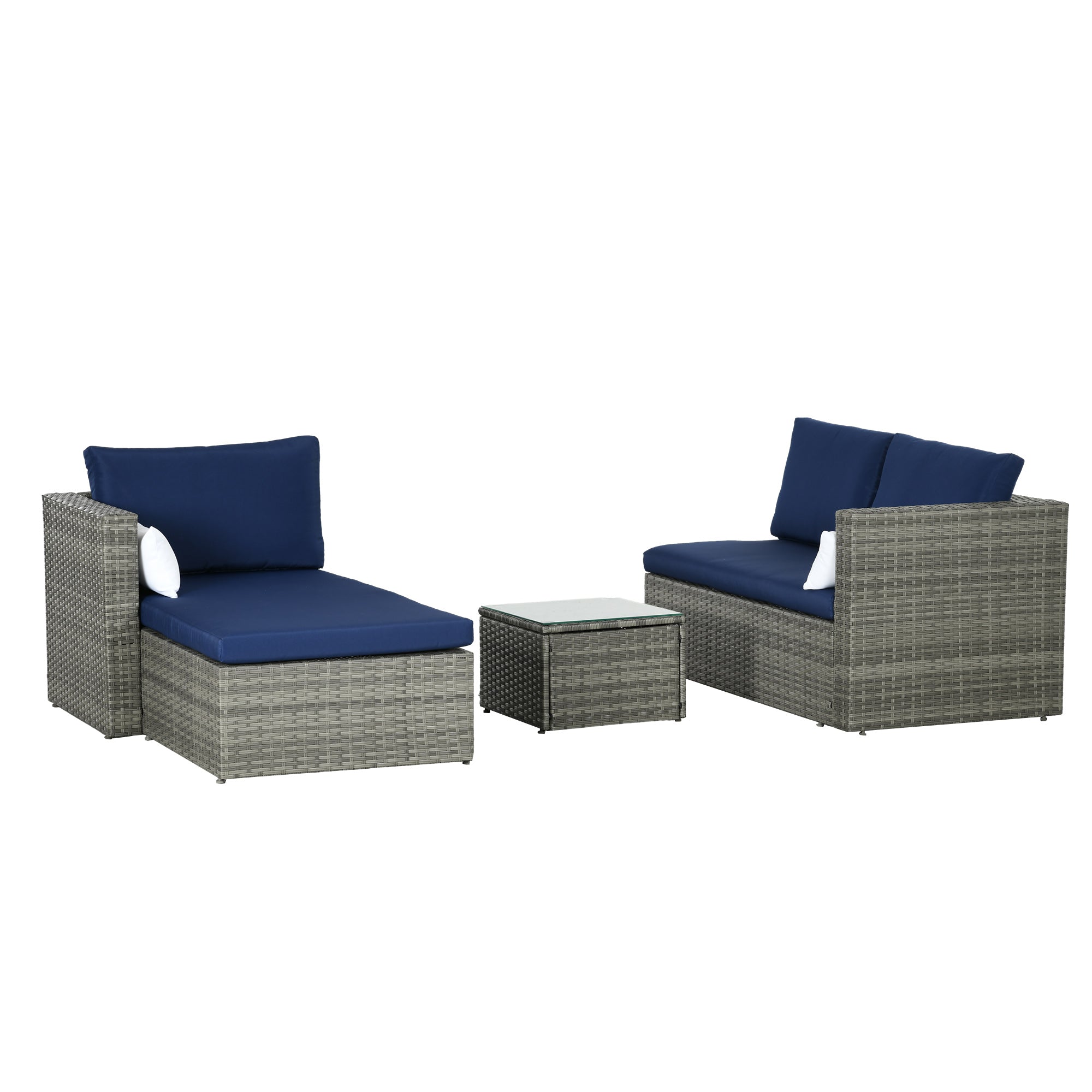 Outsunny 3-Piece Modern Outdoor Patio All-hand Woven Rattan Wicker Furniture Patio Coffee Table Sofa Set - Navy Blue