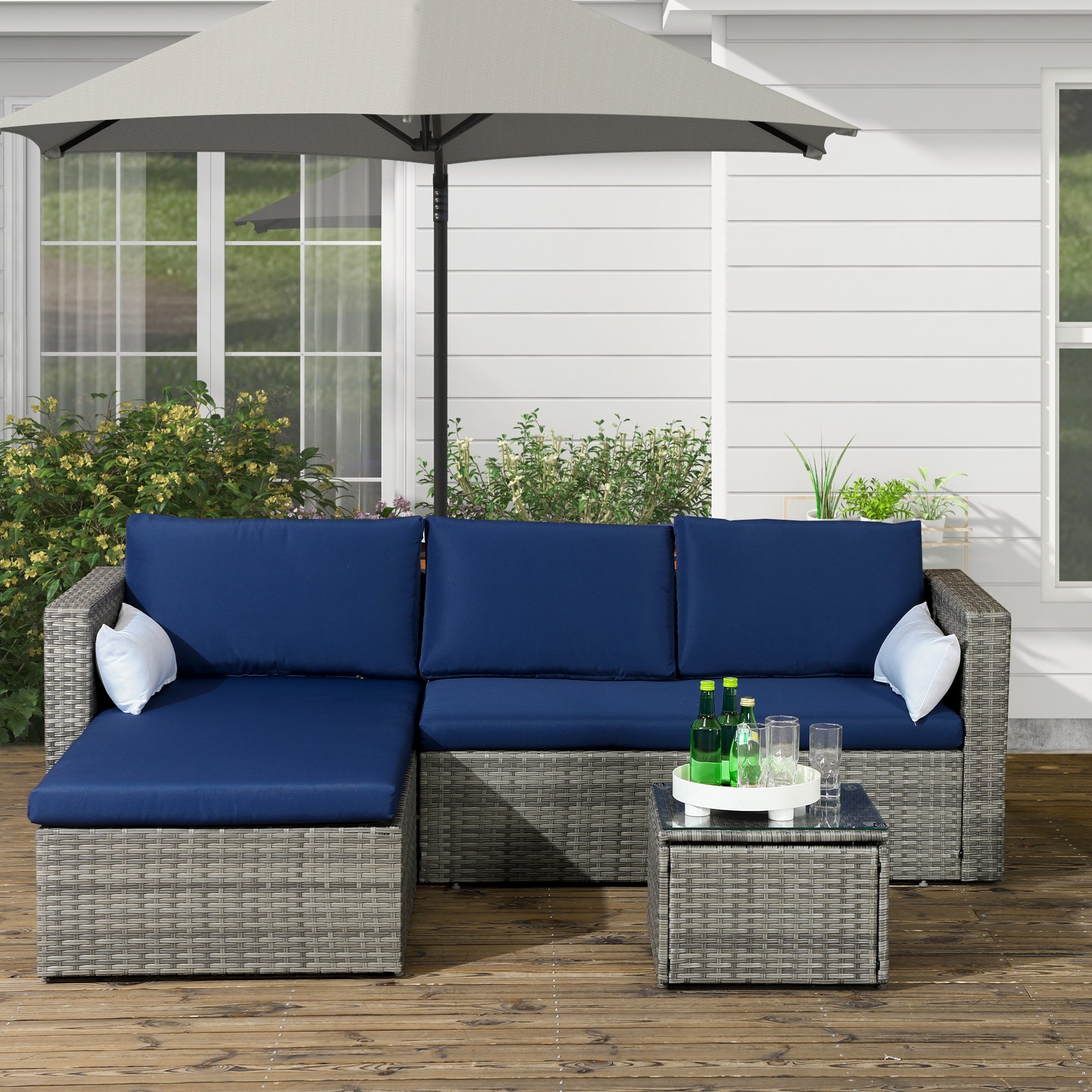 Outsunny 3-Piece Modern Outdoor Patio All-hand Woven Rattan Wicker Furniture Patio Coffee Table Sofa Set - Navy Blue