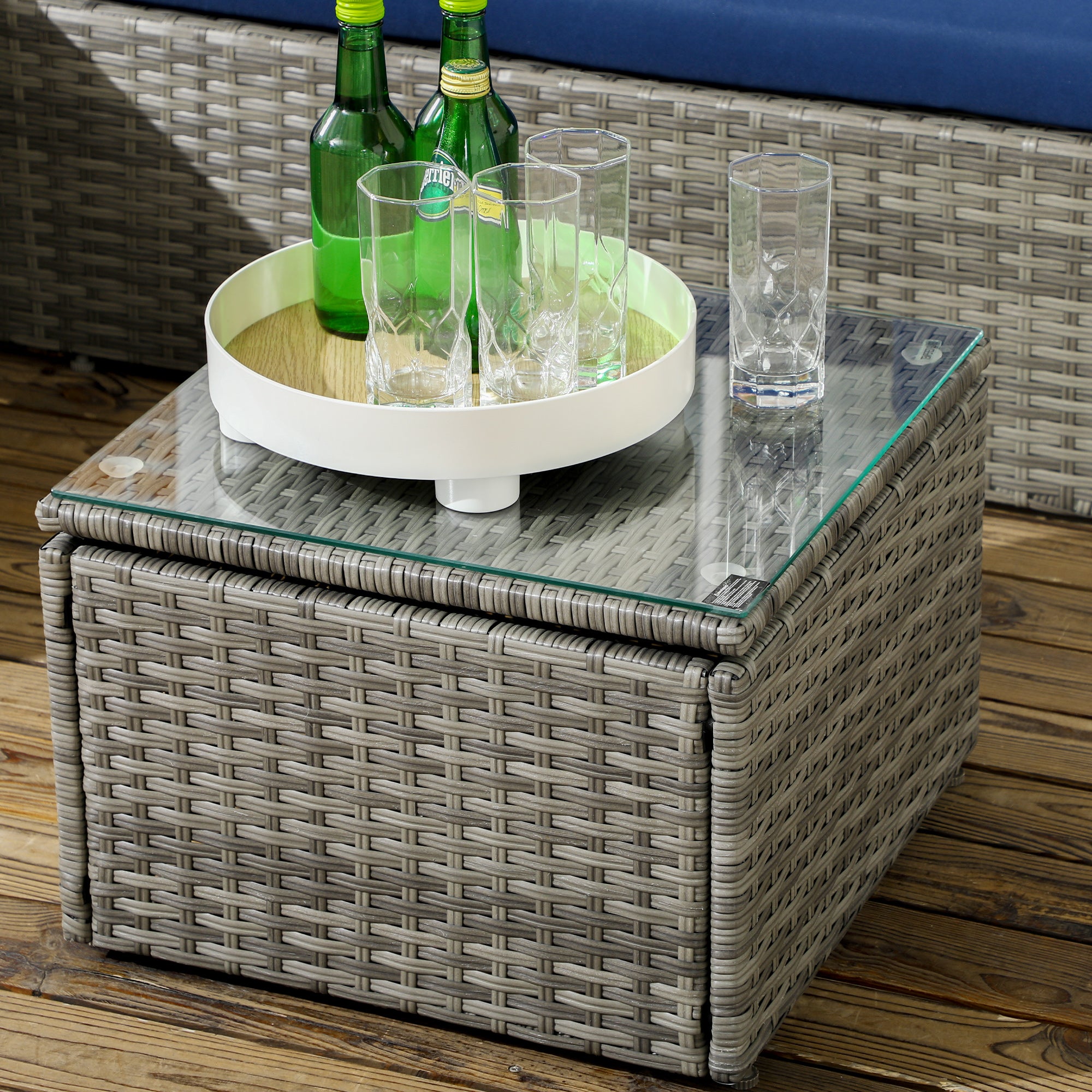 Outsunny 3-Piece Modern Outdoor Patio All-hand Woven Rattan Wicker Furniture Patio Coffee Table Sofa Set - Navy Blue