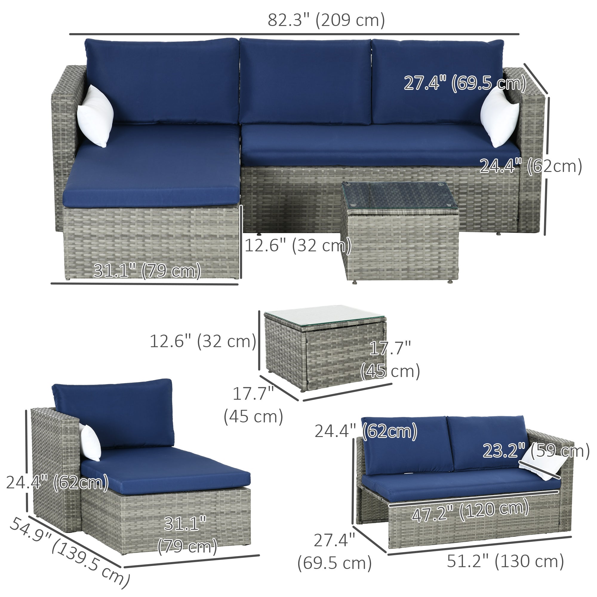 Outsunny 3-Piece Modern Outdoor Patio All-hand Woven Rattan Wicker Furniture Patio Coffee Table Sofa Set - Navy Blue