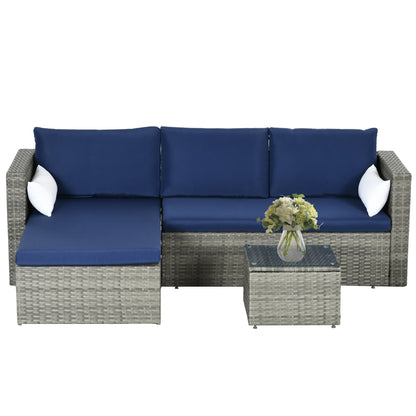 Outsunny 3-Piece Modern Outdoor Patio All-hand Woven Rattan Wicker Furniture Patio Coffee Table Sofa Set - Navy Blue
