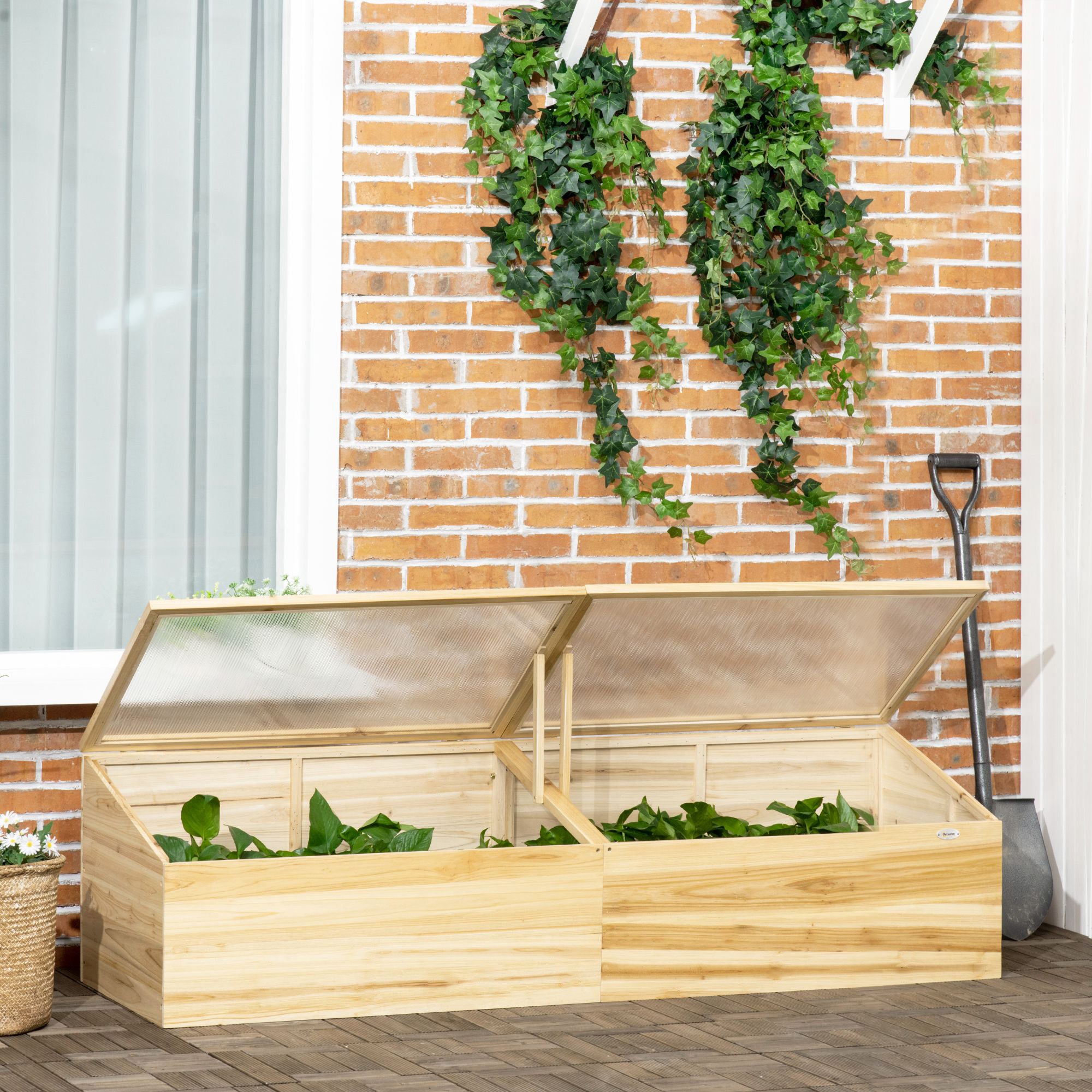 Outsunny Wooden Cold Frame with Openable Roof, Portable Mini Greenhouse for Indoor, Outdoor, Flowers, Vegetables, Plants, 66.9"x19.7"x17.7", Natural