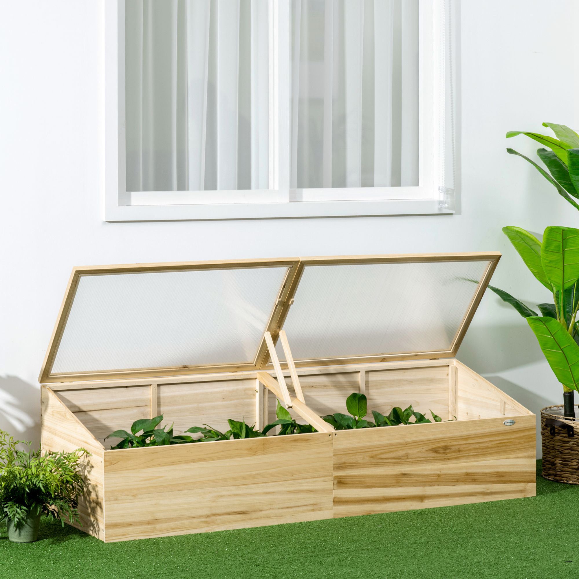 Outsunny Wooden Cold Frame with Openable Roof, Portable Mini Greenhouse for Indoor, Outdoor, Flowers, Vegetables, Plants, 66.9"x19.7"x17.7", Natural