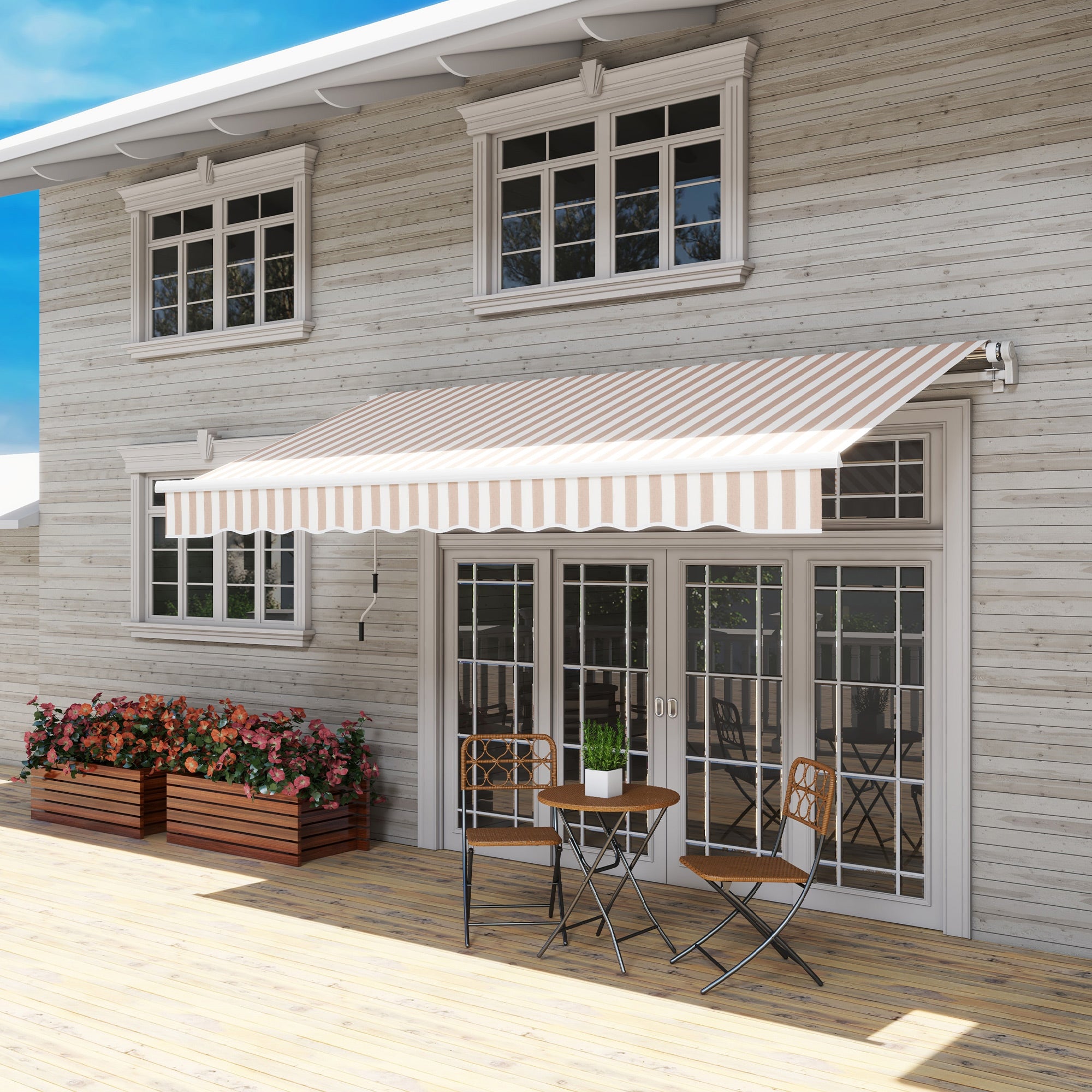 Outsunny 12' x 10' Retractable Awning Patio Sun Shade Shelter with Manual Crank Handle, UV & Water-Resistant Fabric and Aluminum Frame for Deck, Balcony, Yard, Beige and White