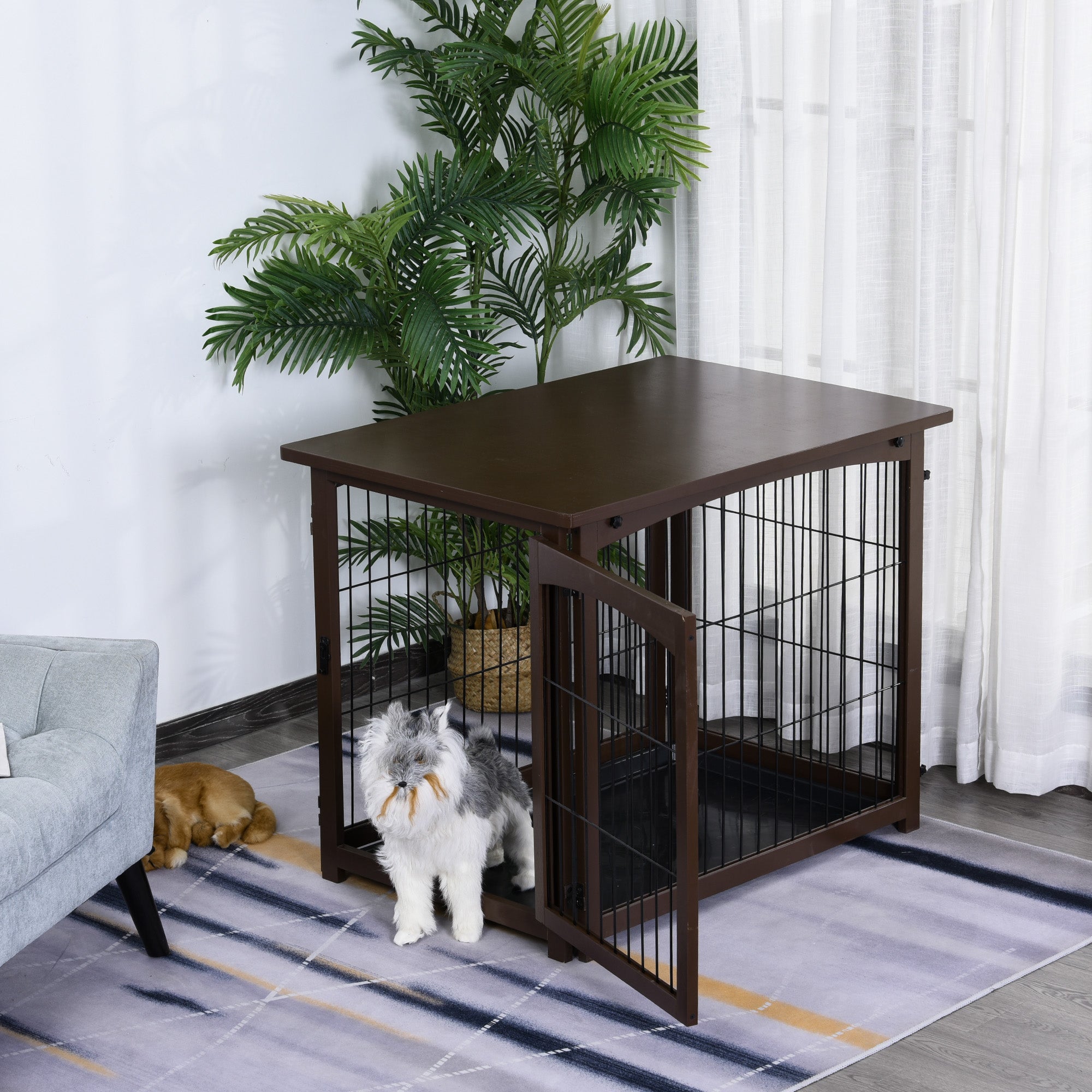 PawHut Wooden Decorative Dog Cage Pet Crate Fence Side Table Small Animal House with Tabletop, Lockable Door, Brown