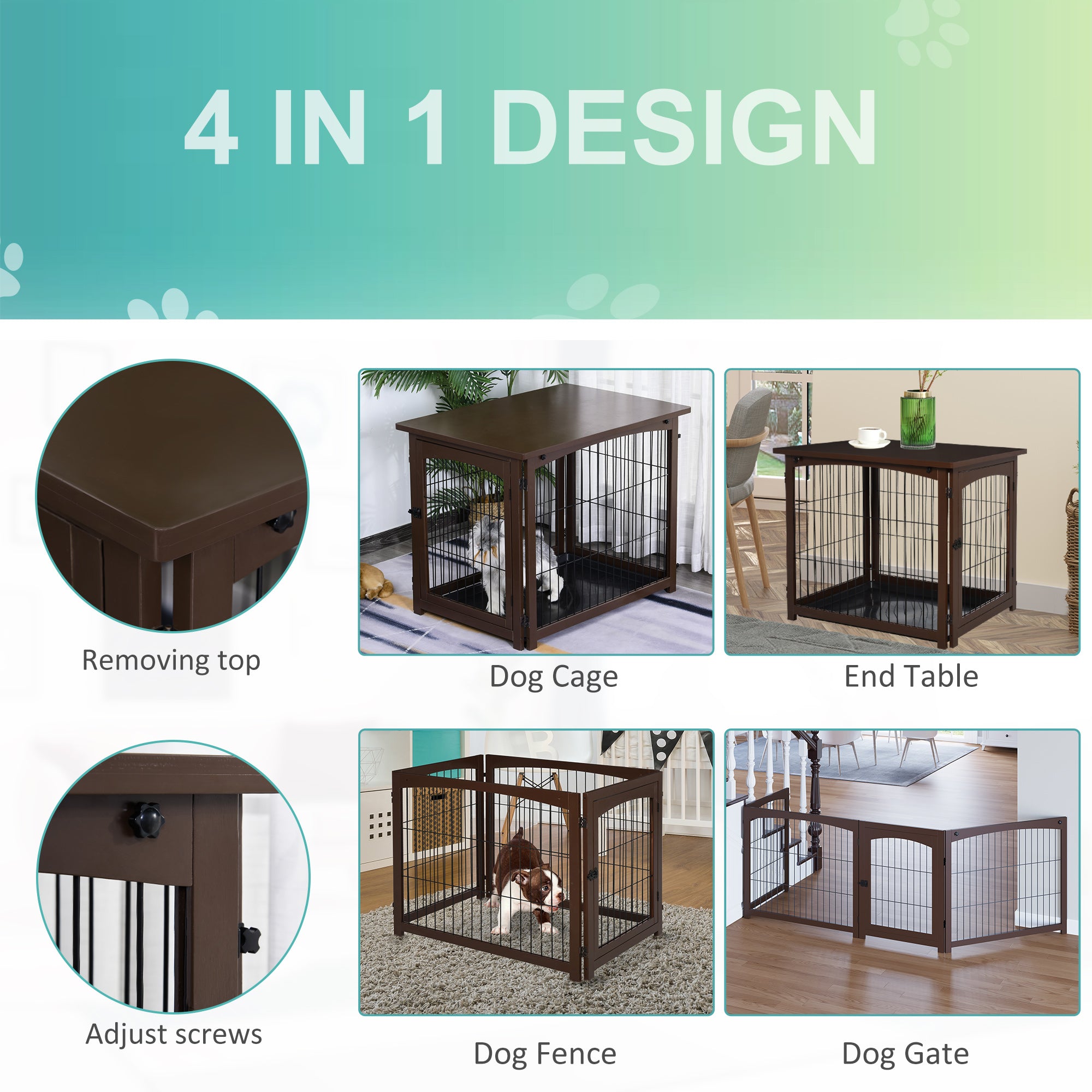 PawHut 4 in 1 Furniture Style Dog Crate End Table, Pet Gate, Dog Fence with Removable Top, Brown
