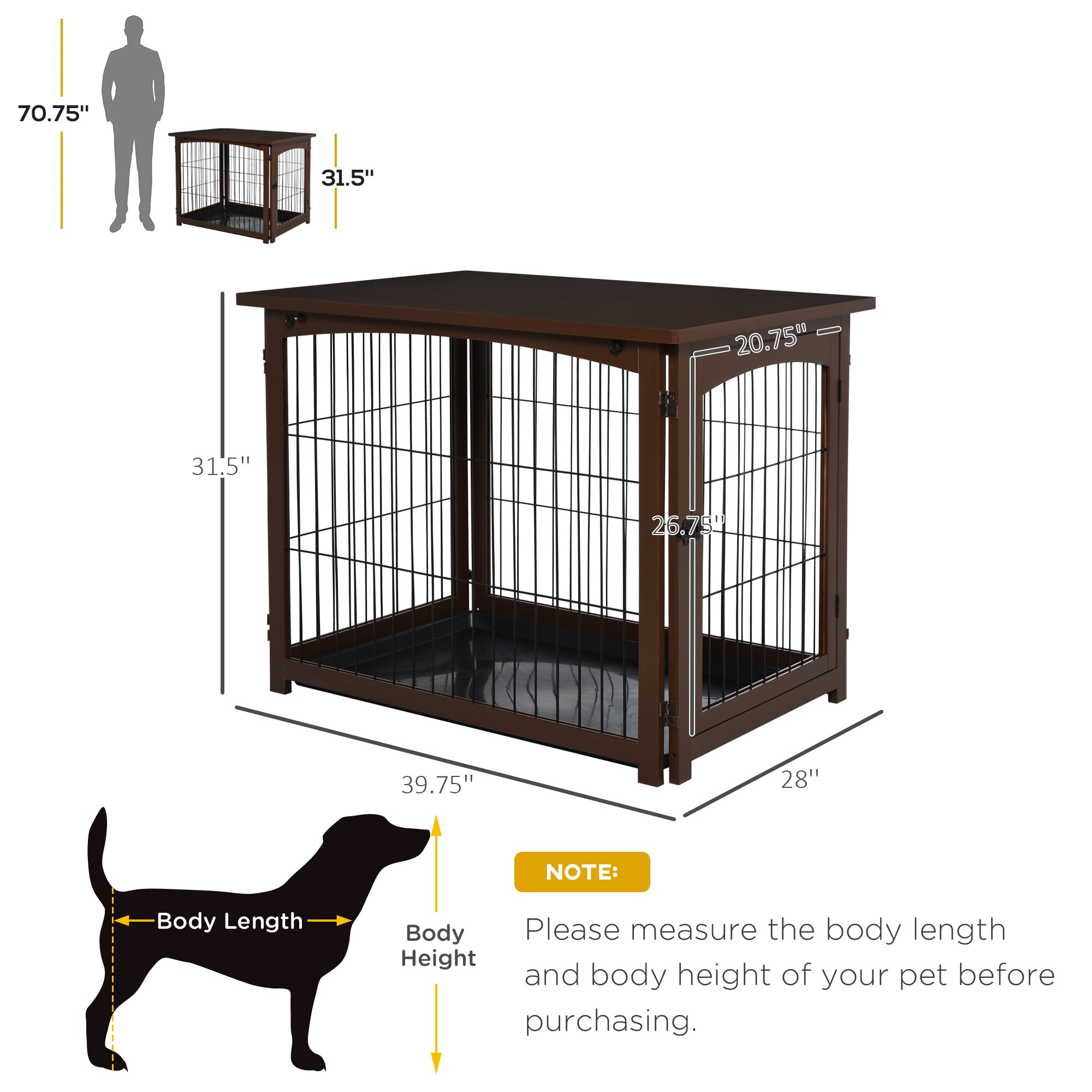 PawHut Wooden Decorative Dog Cage Pet Crate Fence Side Table Small Animal House with Tabletop, Lockable Door, Brown
