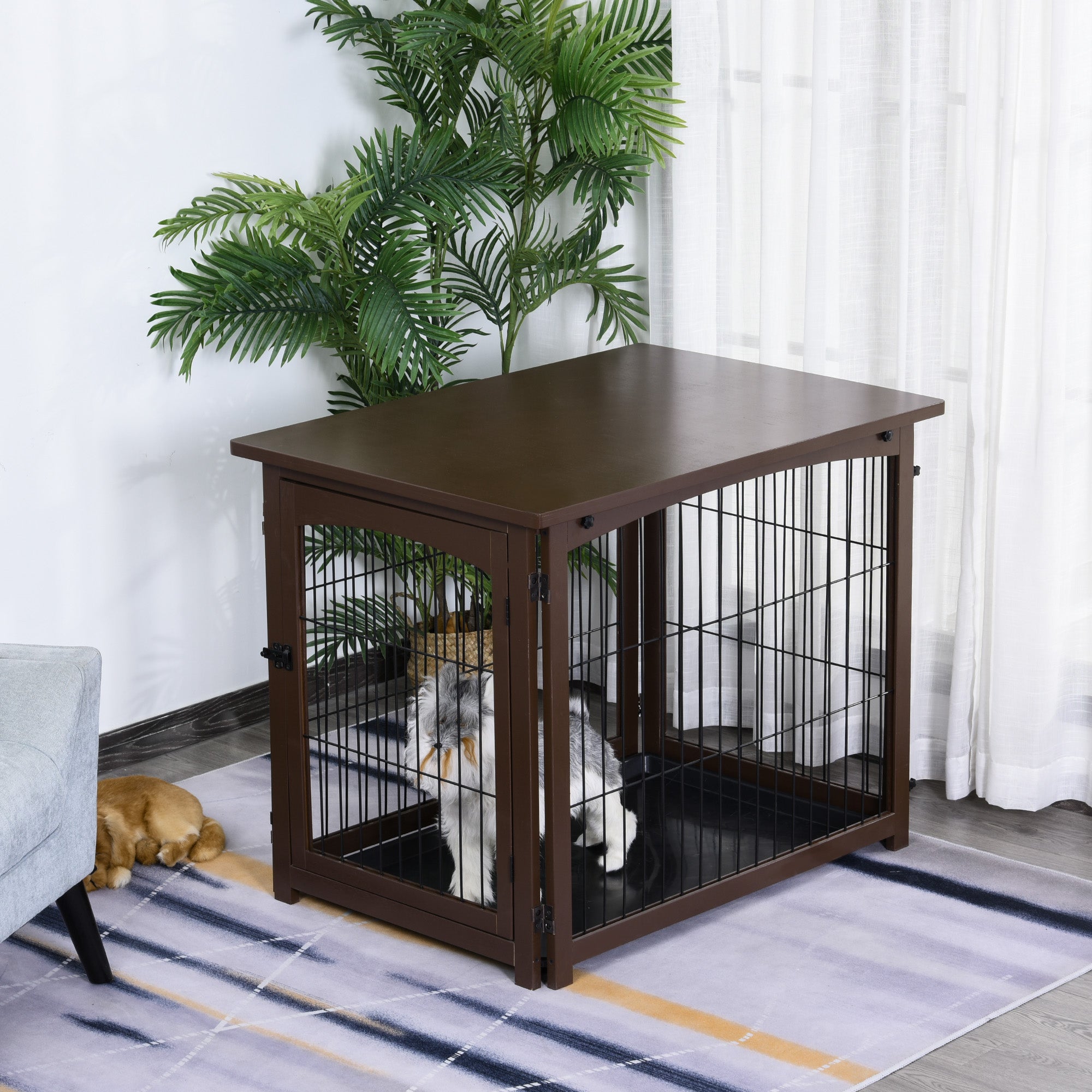 PawHut 4 in 1 Furniture Style Dog Crate End Table, Pet Gate, Dog Fence with Removable Top, Brown