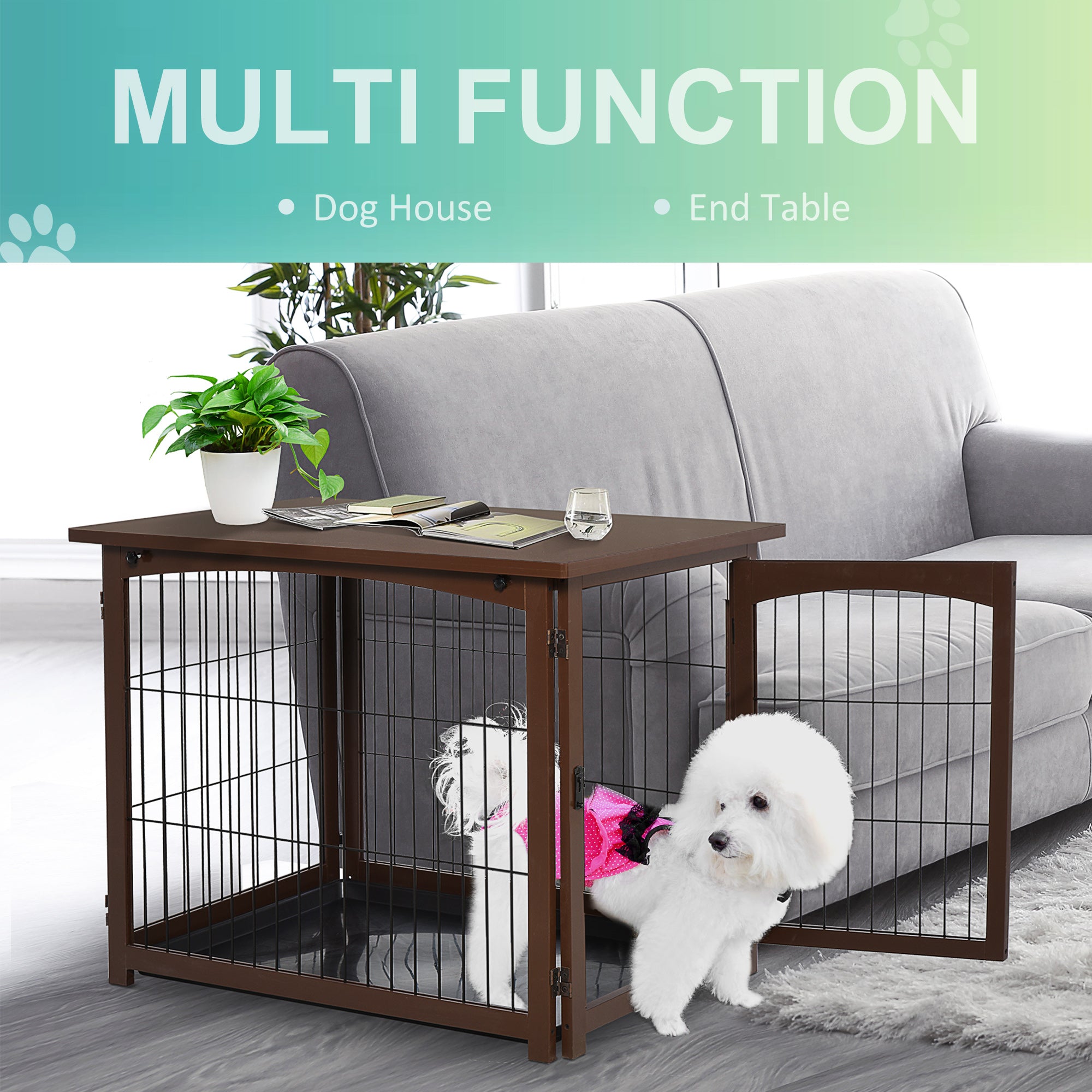 PawHut 4 in 1 Furniture Style Dog Crate End Table, Pet Gate, Dog Fence with Removable Top, Brown