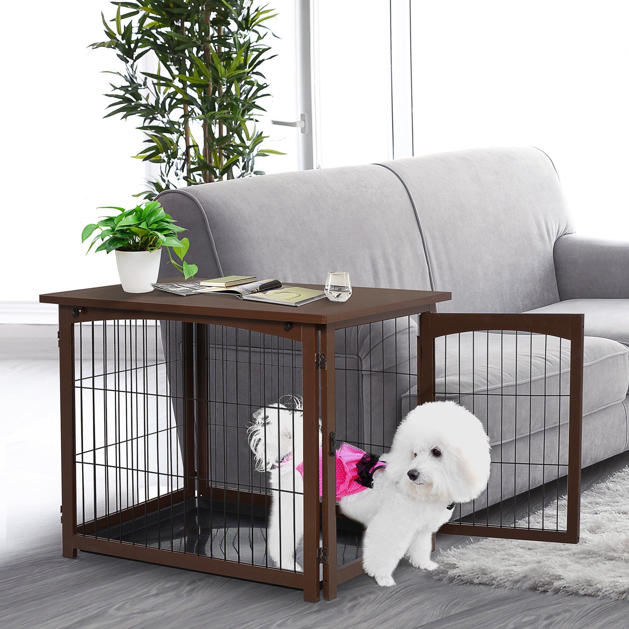 PawHut Wooden Decorative Dog Cage Pet Crate Fence Side Table Small Animal House with Tabletop, Lockable Door, Brown