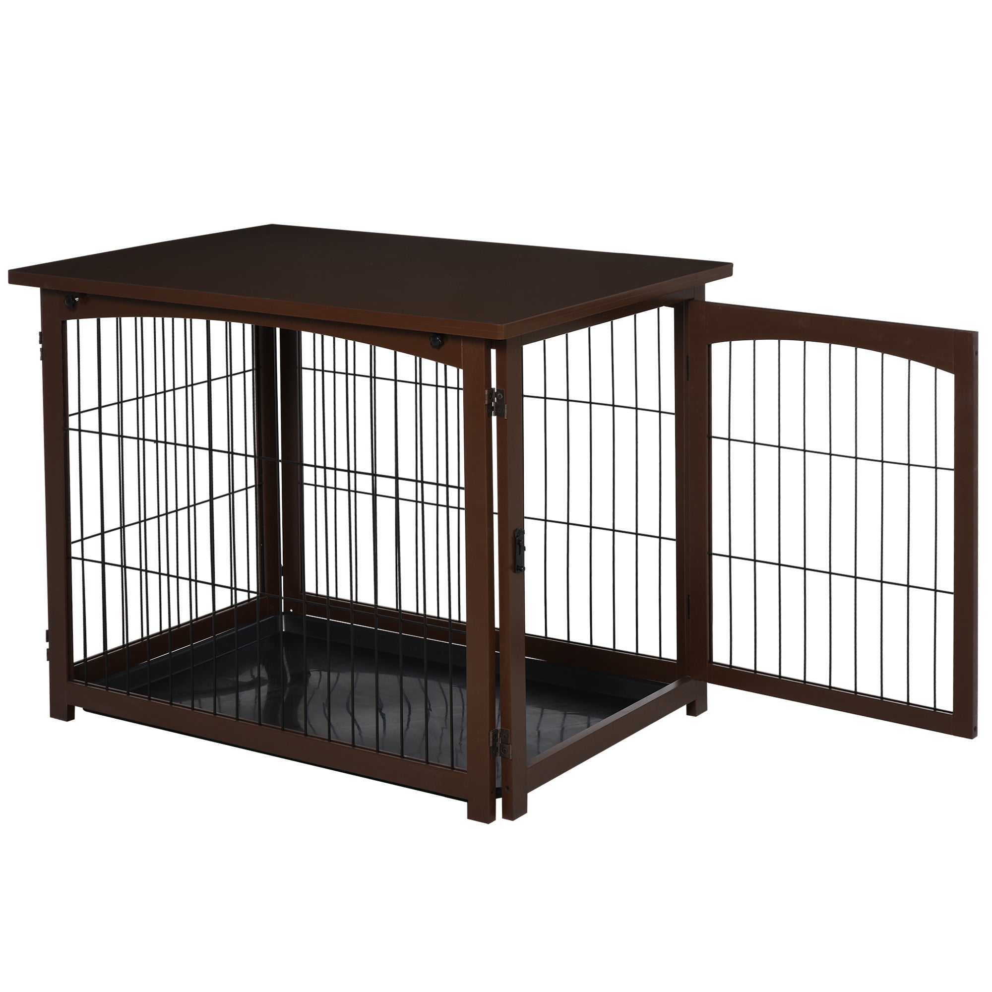 PawHut Wooden Decorative Dog Cage Pet Crate Fence Side Table Small Animal House with Tabletop, Lockable Door, Brown